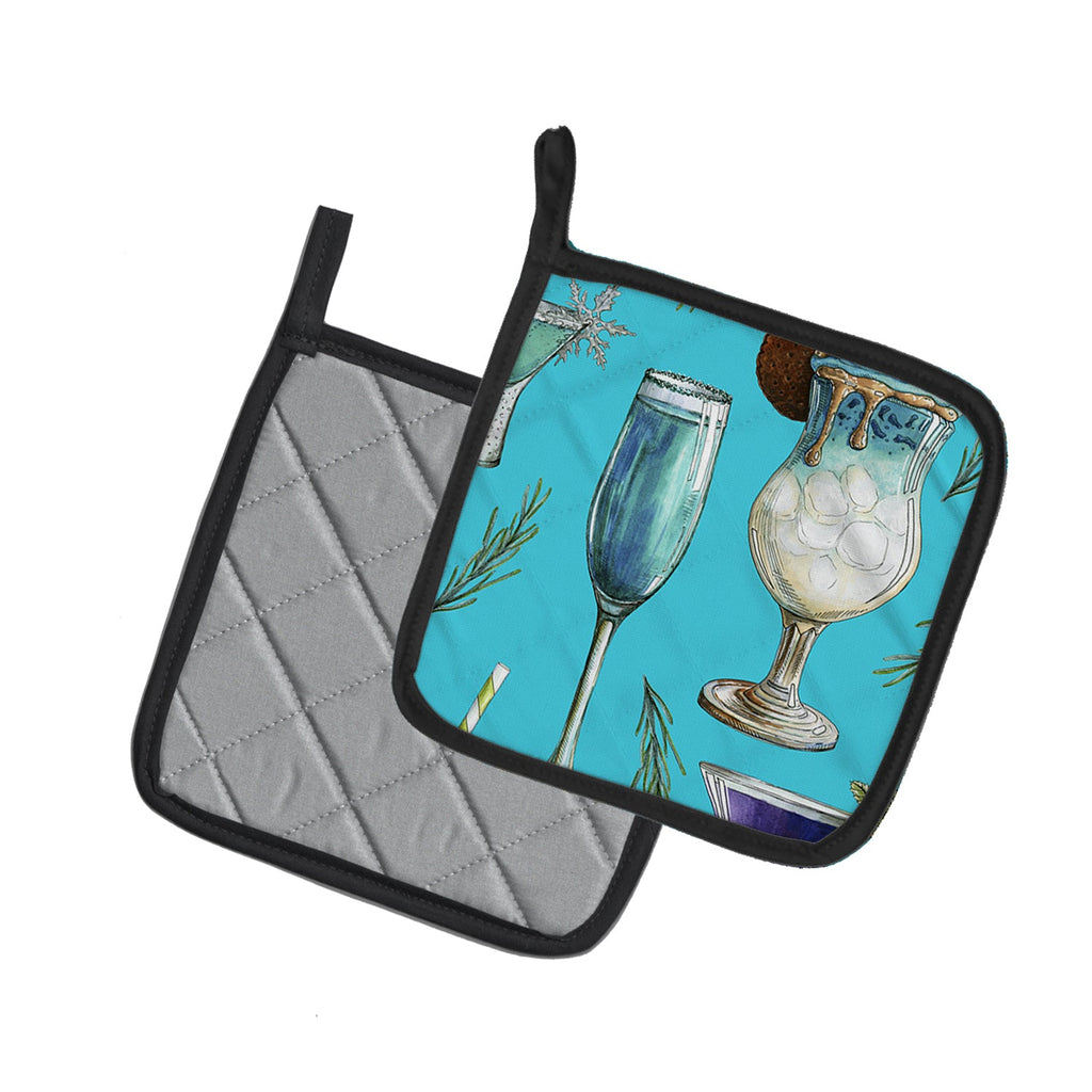 Drinks and Cocktails Blue Pot Holder Set of 2 Heat Resistant Quilted Hot Pads 7.5 x 7.5 Inch, Insulated Kitchen Trivets for Cooking & Baking