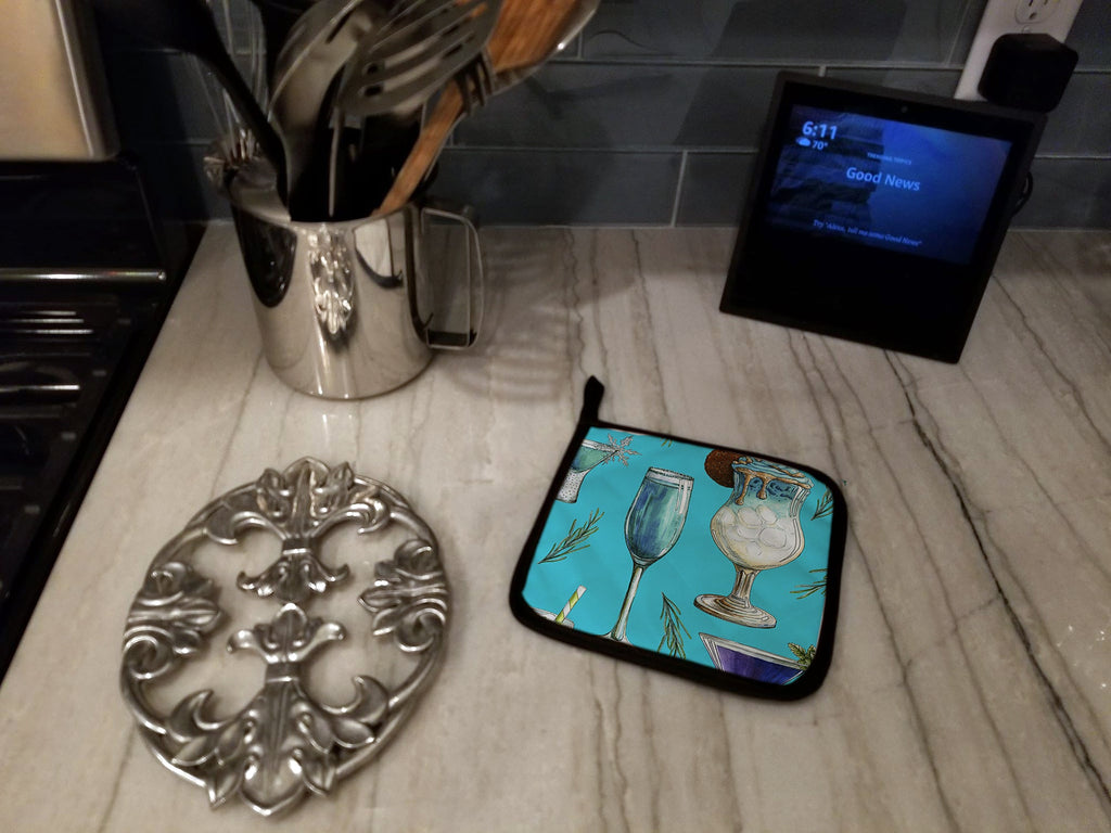 Drinks and Cocktails Blue Pot Holder Set of 2 Heat Resistant Quilted Hot Pads 7.5 x 7.5 Inch, Insulated Kitchen Trivets for Cooking & Baking