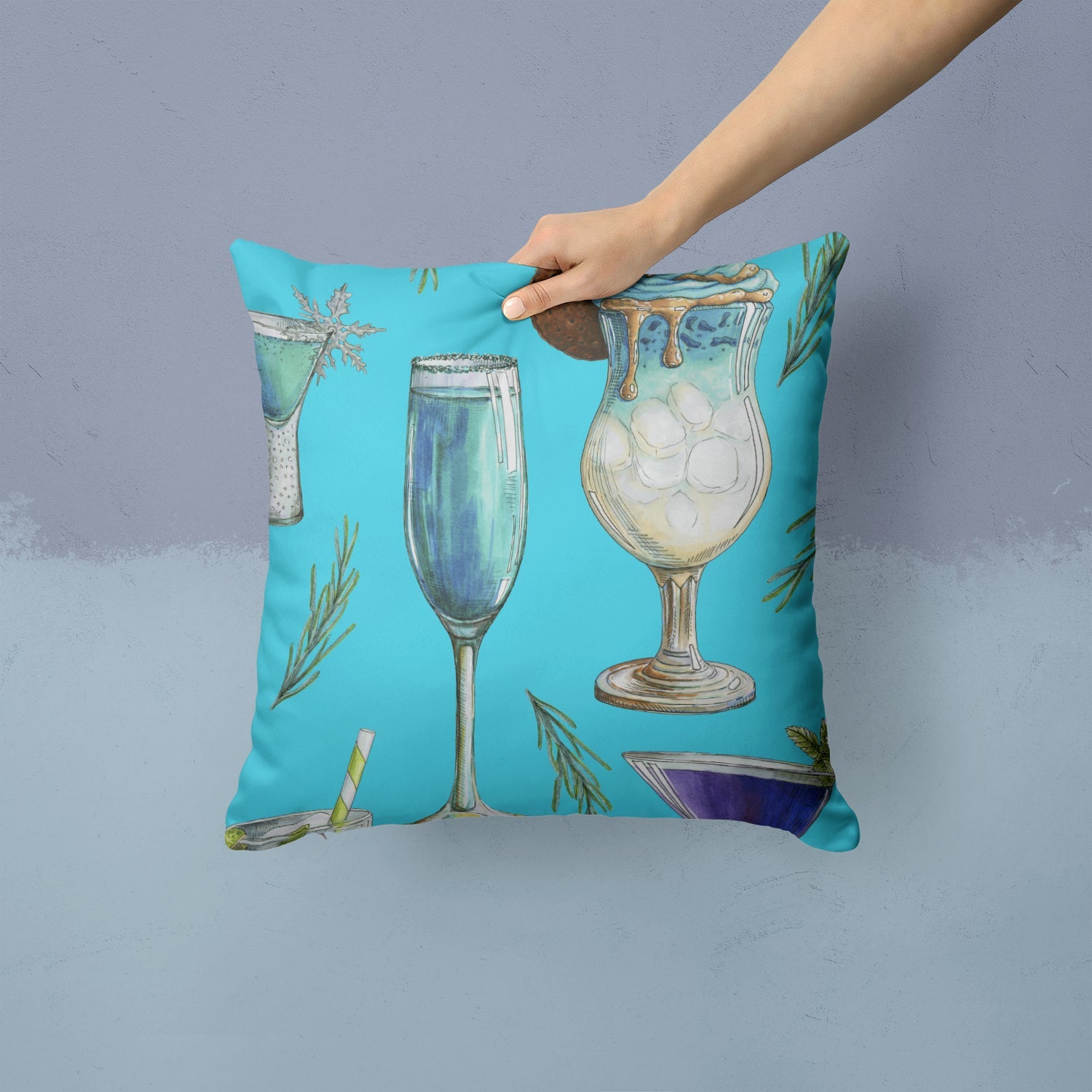 Drinks and Cocktails Blue Decorative Throw Pillow 14x14 Indoor Outdoor Accent Cushion, Fabric Cover with Insert for Sofa, Bed, Porch & Living Room