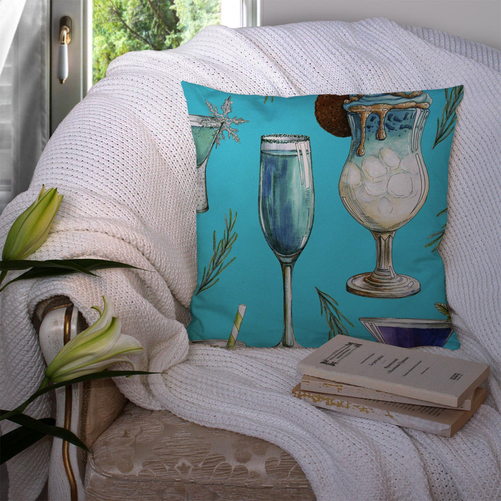 Drinks and Cocktails Blue Decorative Throw Pillow 14x14 Indoor Outdoor Accent Cushion, Fabric Cover with Insert for Sofa, Bed, Porch & Living Room