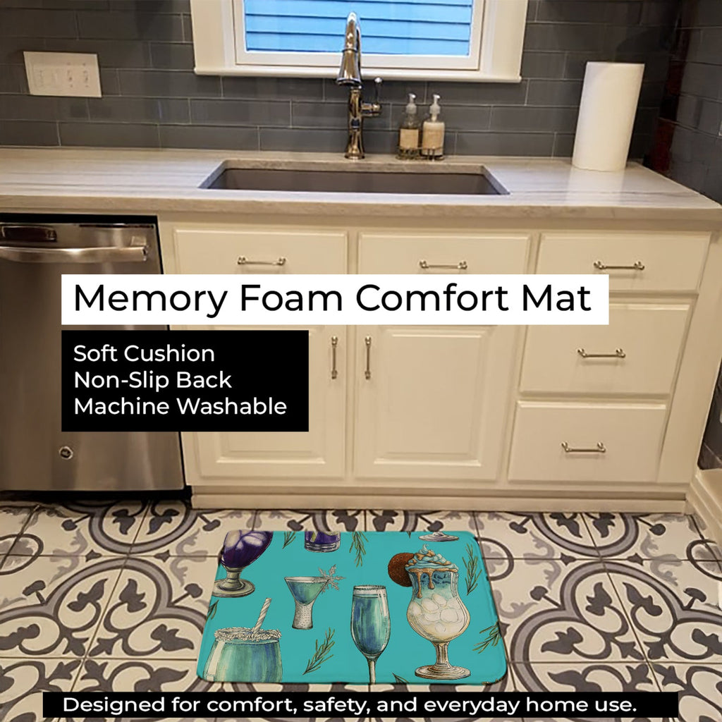 Drinks and Cocktails Blue Memory Foam Kitchen Mat Machine Washable Anti-Fatigue Cushion Comfort Bath or Kitchen Rug