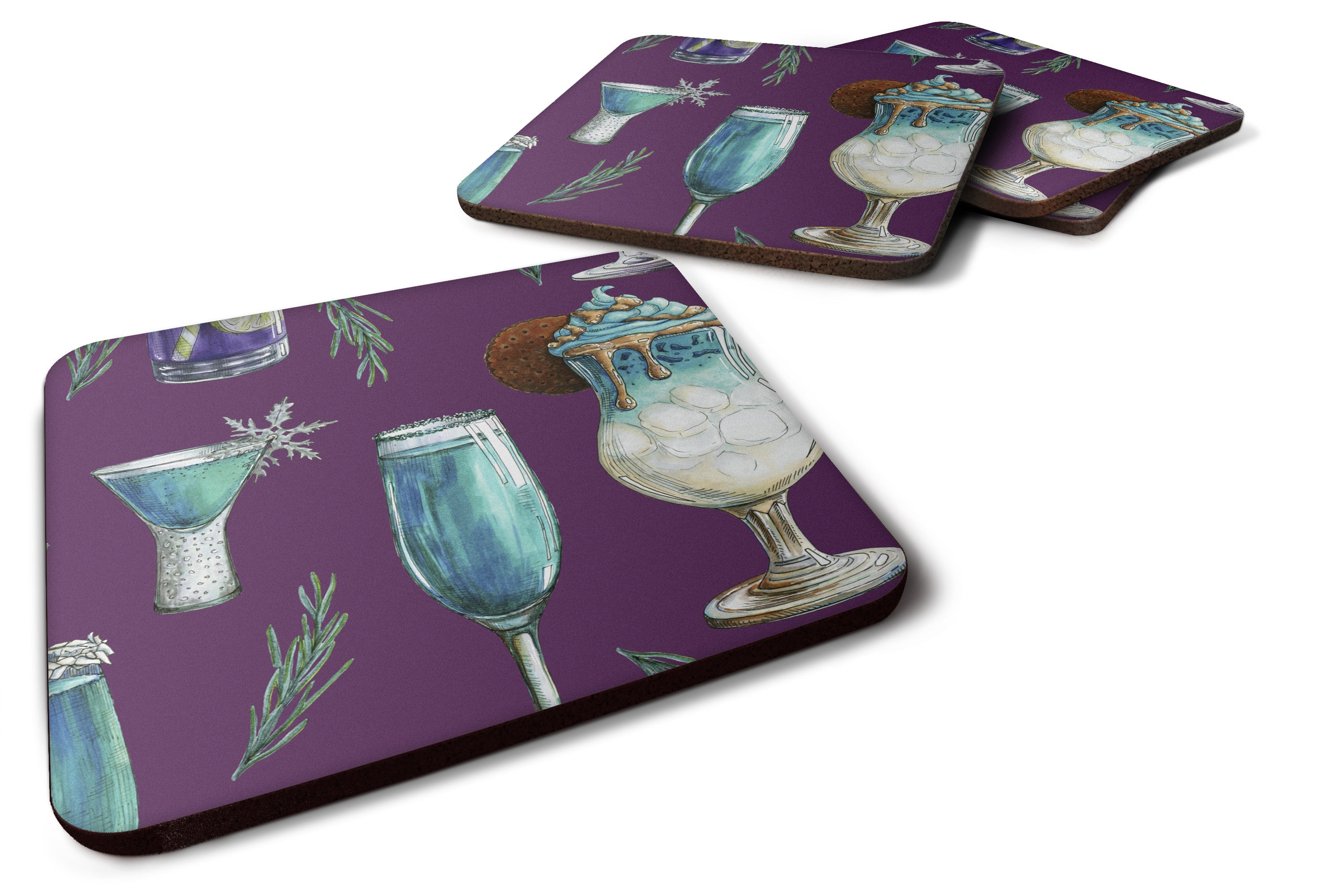 Drinks and Cocktails Purple Foam Coasters Set of 4 Cup Coasters for Indoor Outdoor, Tabletop Protection, Anti Slip, Mouse pad Material