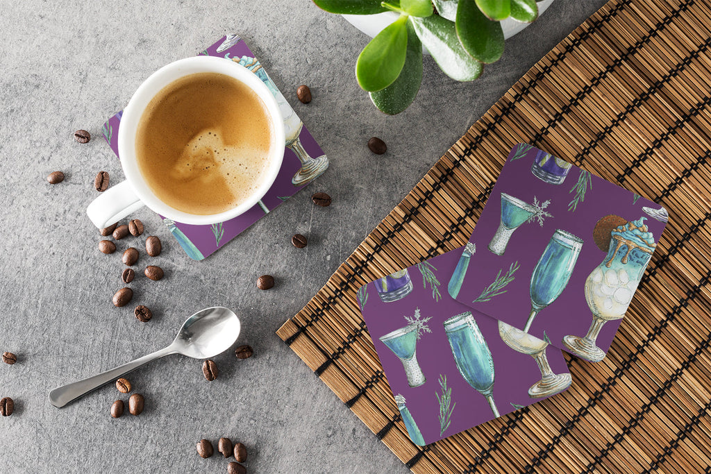 Drinks and Cocktails Purple Foam Coasters Set of 4 Cup Coasters for Indoor Outdoor, Tabletop Protection, Anti Slip, Mouse pad Material