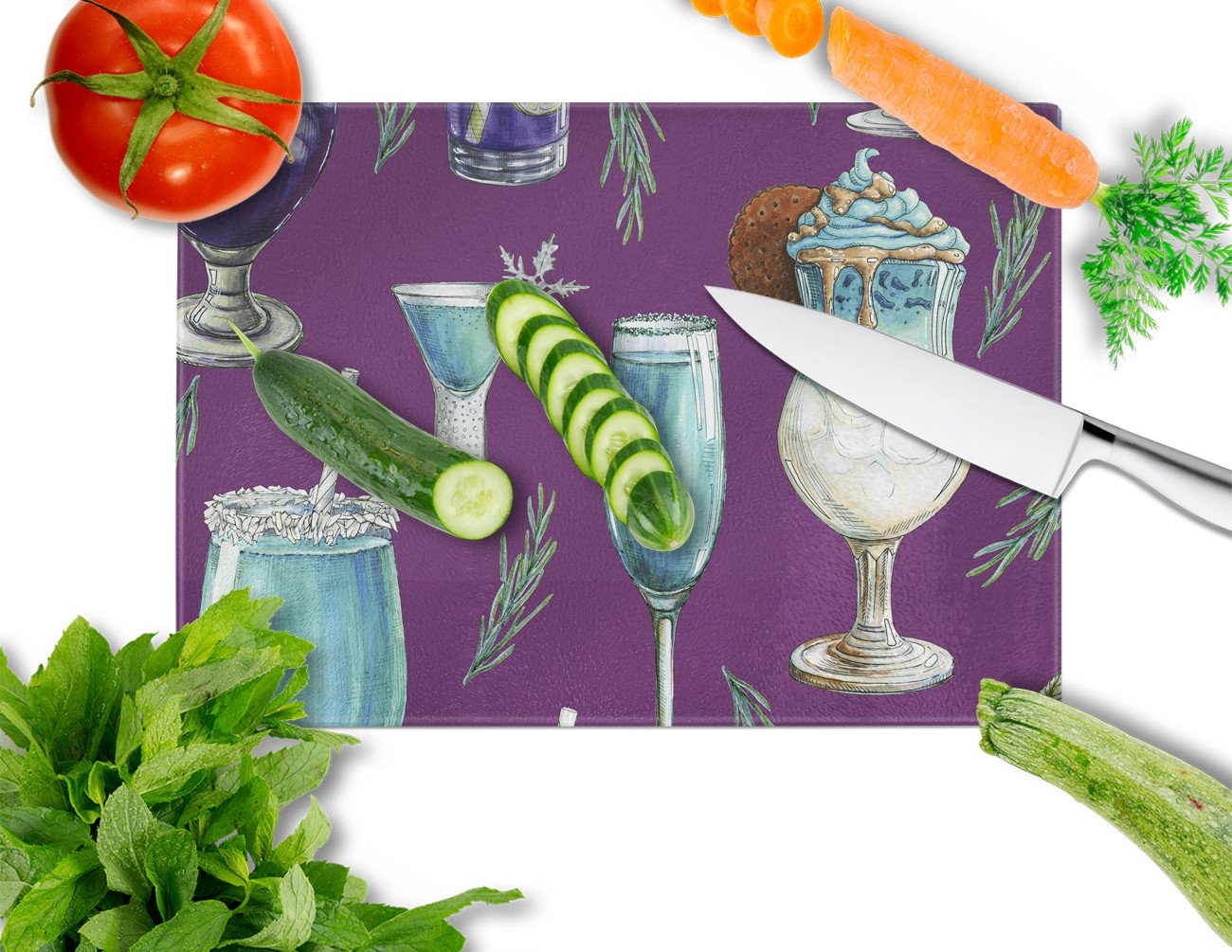 Drinks and Cocktails Purple Cutting Board Tempered Glass Kitchen Cutting Surface, Heat Resistant Chopping, Non-Slip Feet, Food Prep & Serving