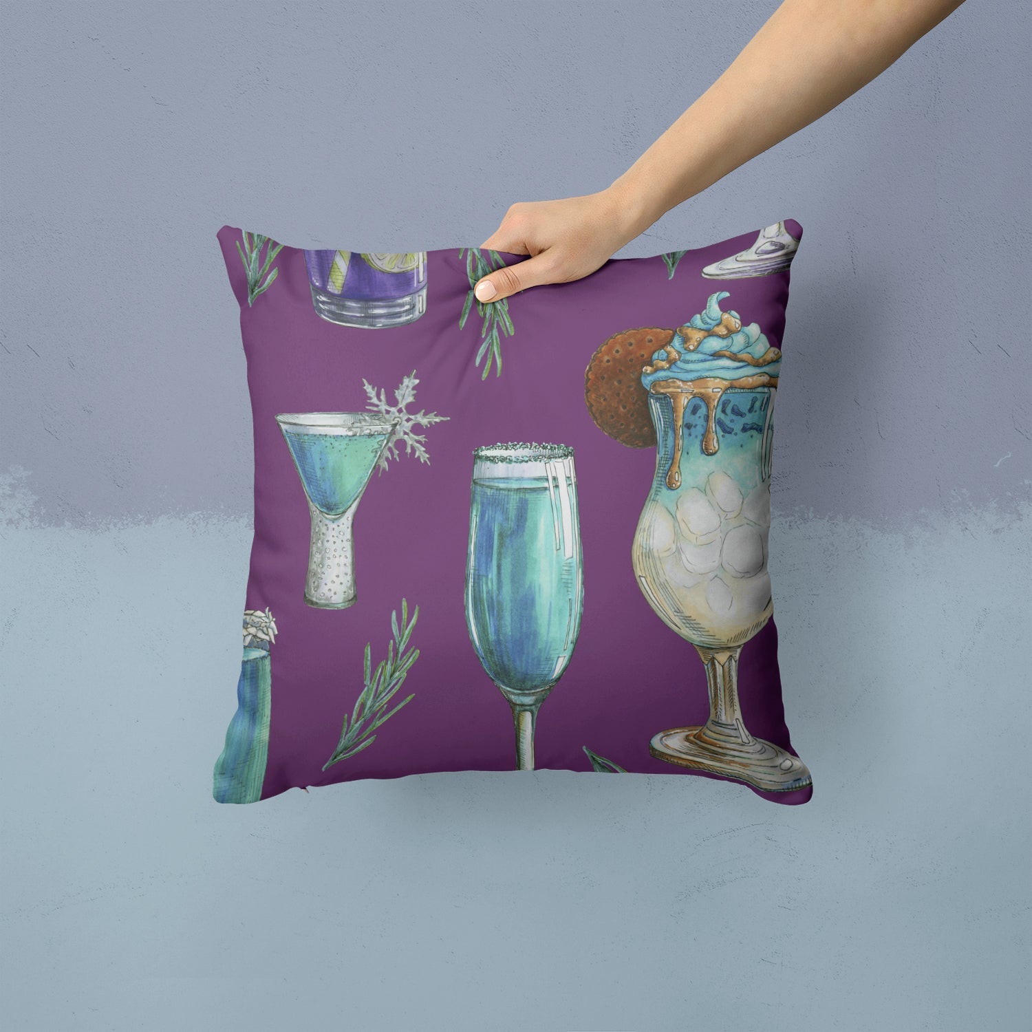 Drinks and Cocktails Purple Decorative Throw Pillow 14x14 Indoor Outdoor Accent Cushion, Fabric Cover with Insert for Sofa, Bed, Porch & Living Room