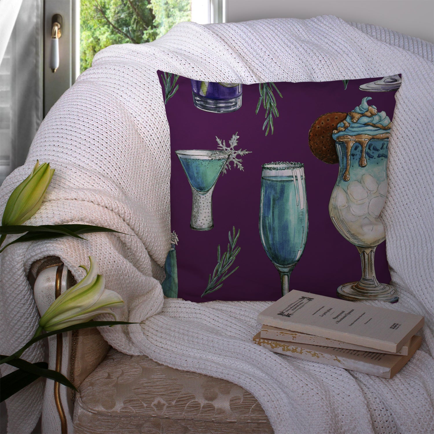 Drinks and Cocktails Purple Decorative Throw Pillow 14x14 Indoor Outdoor Accent Cushion, Fabric Cover with Insert for Sofa, Bed, Porch & Living Room