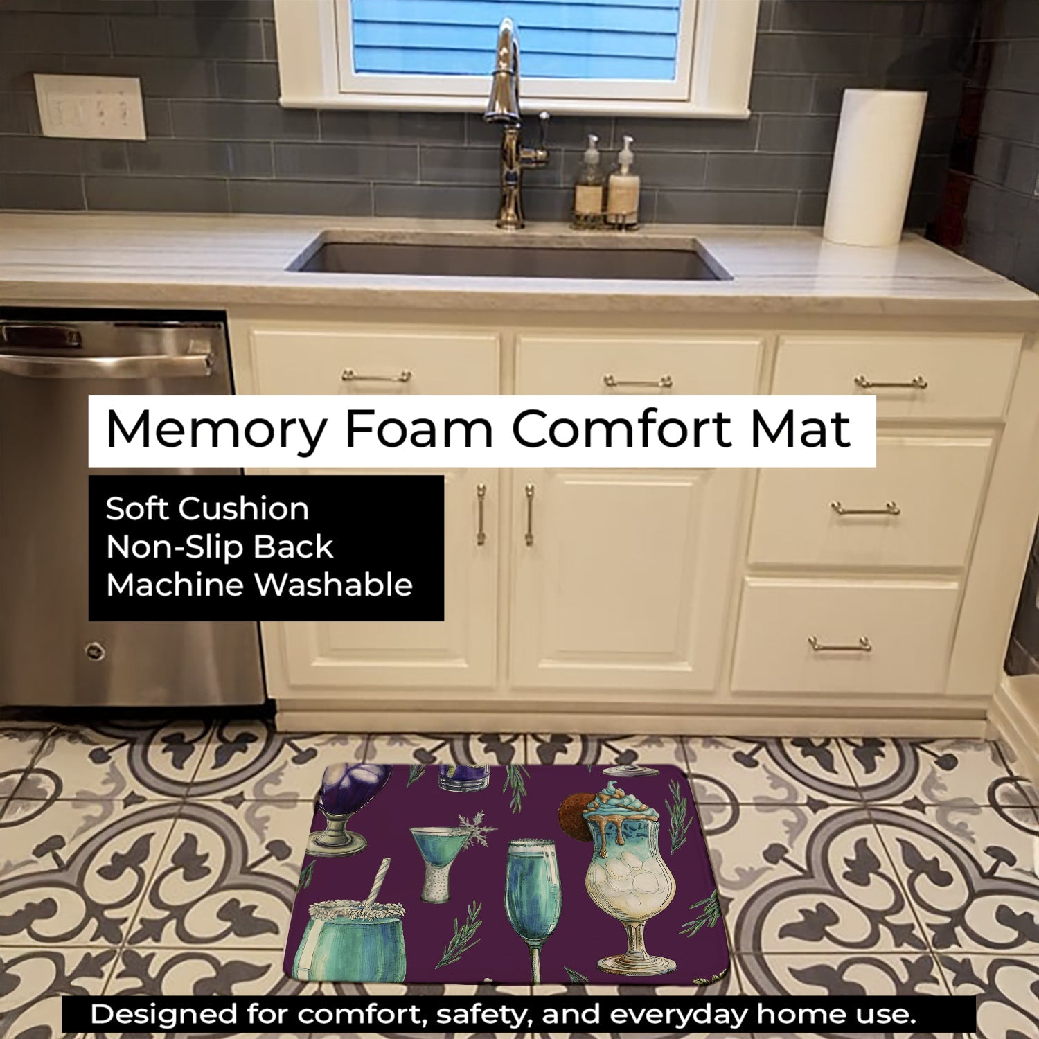 Drinks and Cocktails Purple Memory Foam Kitchen Mat Machine Washable Anti-Fatigue Cushion Comfort Bath or Kitchen Rug