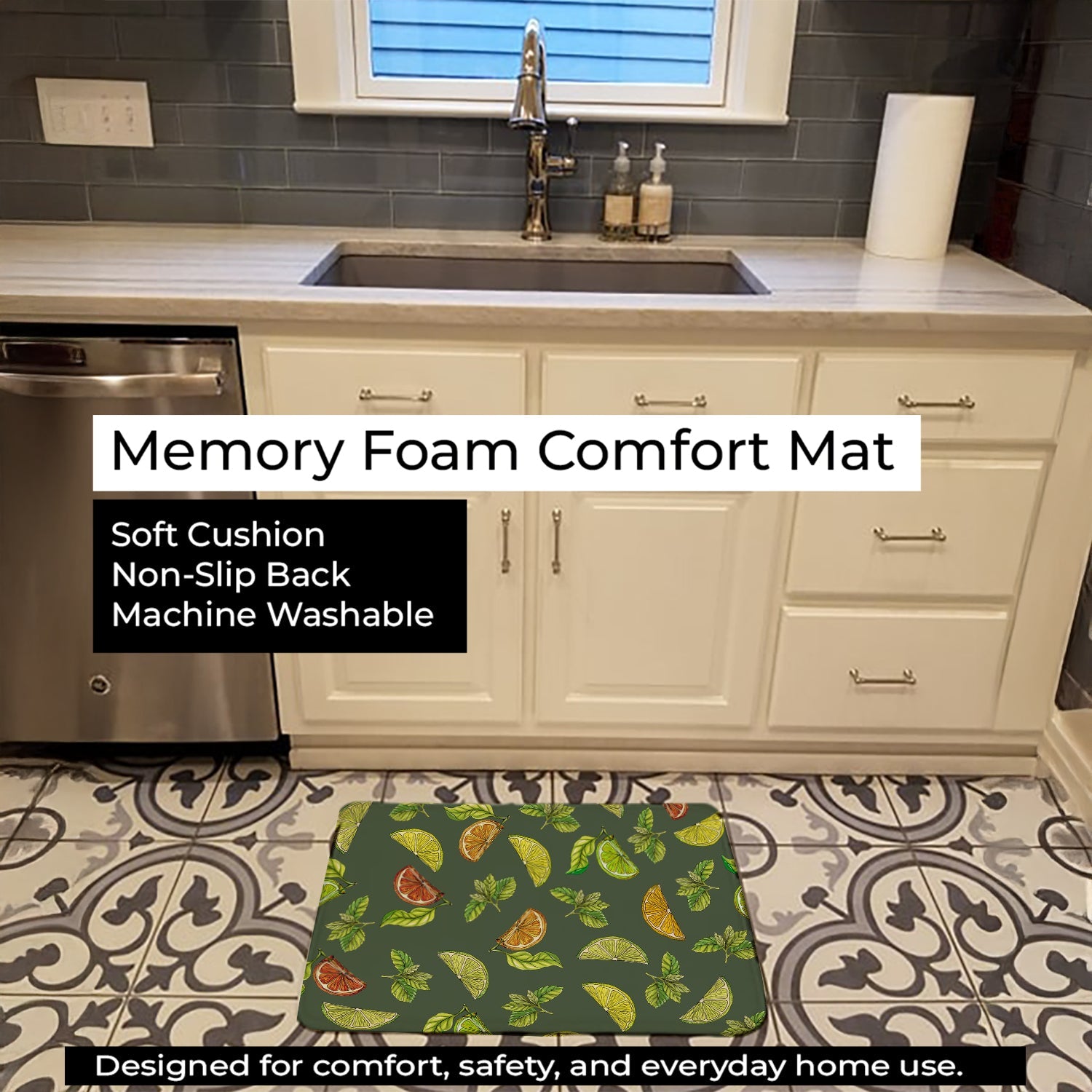 Lemons, Limes and Oranges Memory Foam Kitchen Mat Machine Washable Anti-Fatigue Cushion Comfort Bath or Kitchen Rug