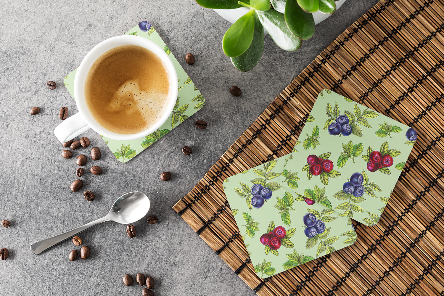 Berries in Green Foam Coasters Set of 4 Cup Coasters for Indoor Outdoor, Tabletop Protection, Anti Slip, Mouse pad Material