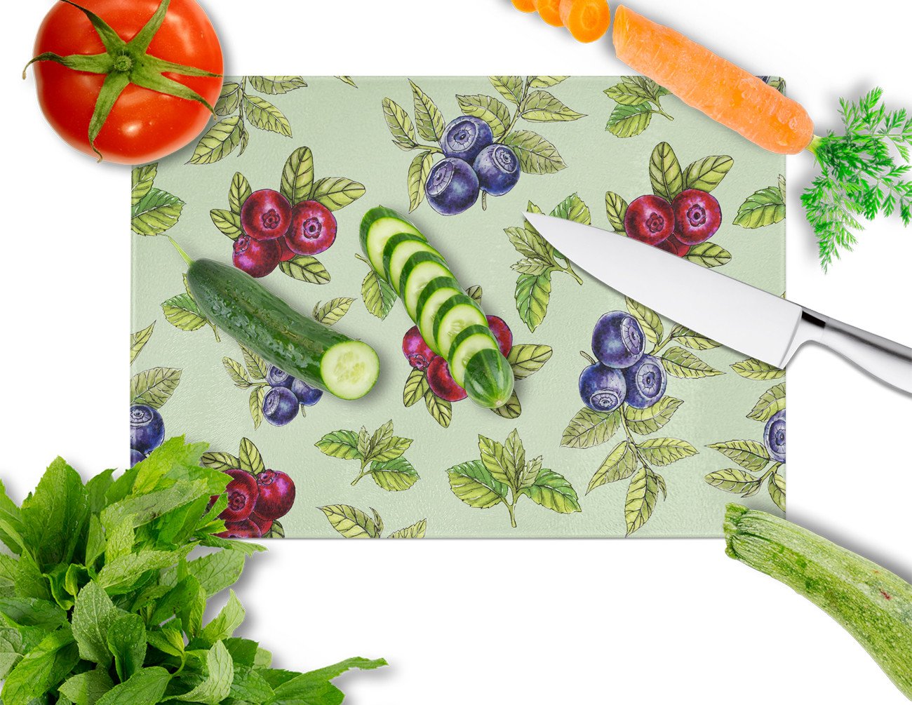 Berries in Green Cutting Board Tempered Glass Kitchen Cutting Surface, Heat Resistant Chopping, Non-Slip Feet, Food Prep & Serving