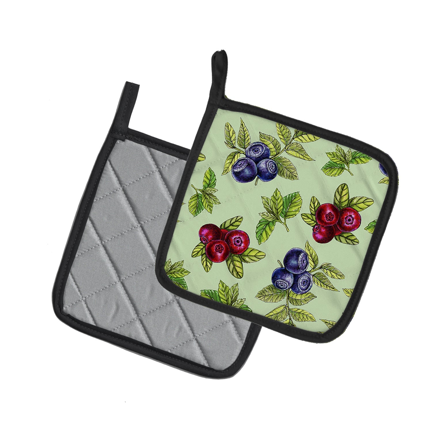 Berries in Green Pot Holder Set of 2 Heat Resistant Quilted Hot Pads 7.5 x 7.5 Inch, Insulated Kitchen Trivets for Cooking & Baking