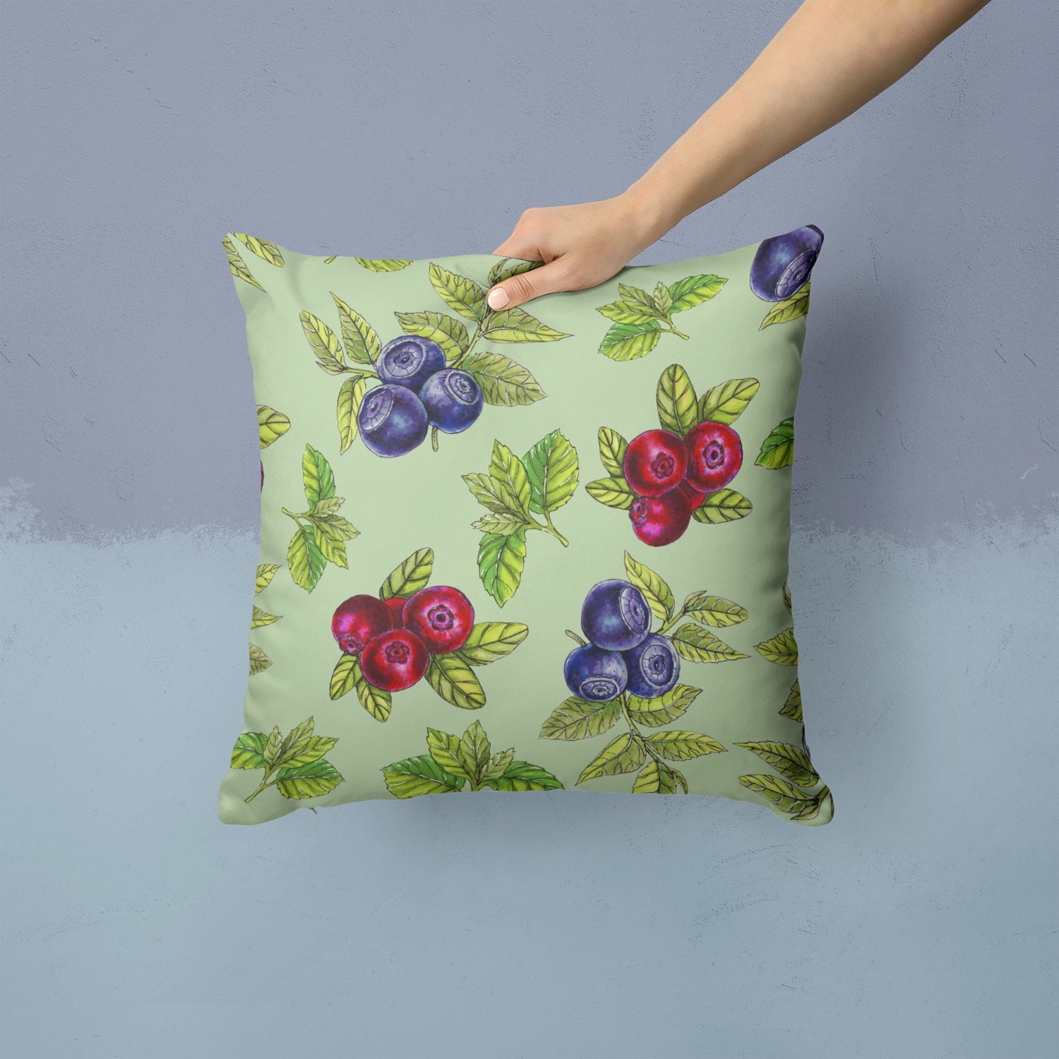 Berries in Green Decorative Throw Pillow 14x14 Indoor Outdoor Accent Cushion, Fabric Cover with Insert for Sofa, Bed, Porch & Living Room