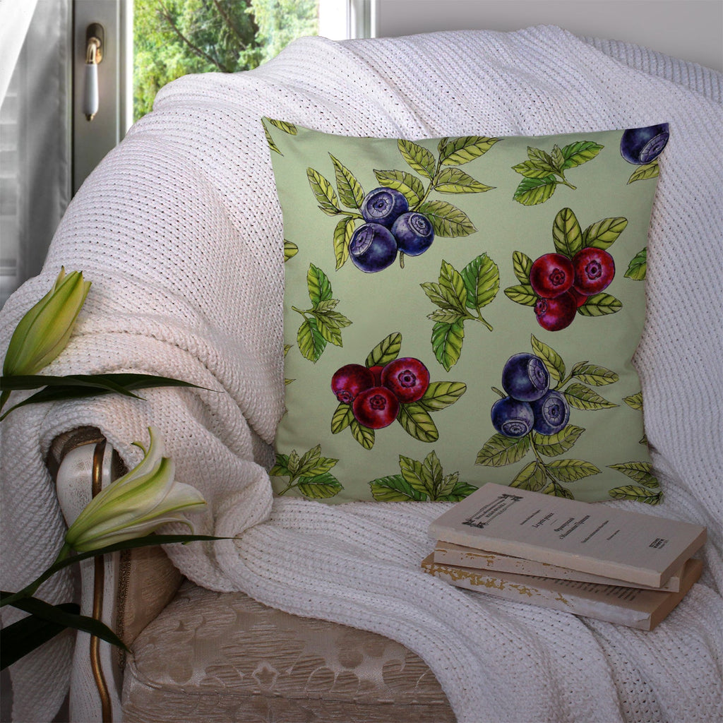 Berries in Green Decorative Throw Pillow 14x14 Indoor Outdoor Accent Cushion, Fabric Cover with Insert for Sofa, Bed, Porch & Living Room