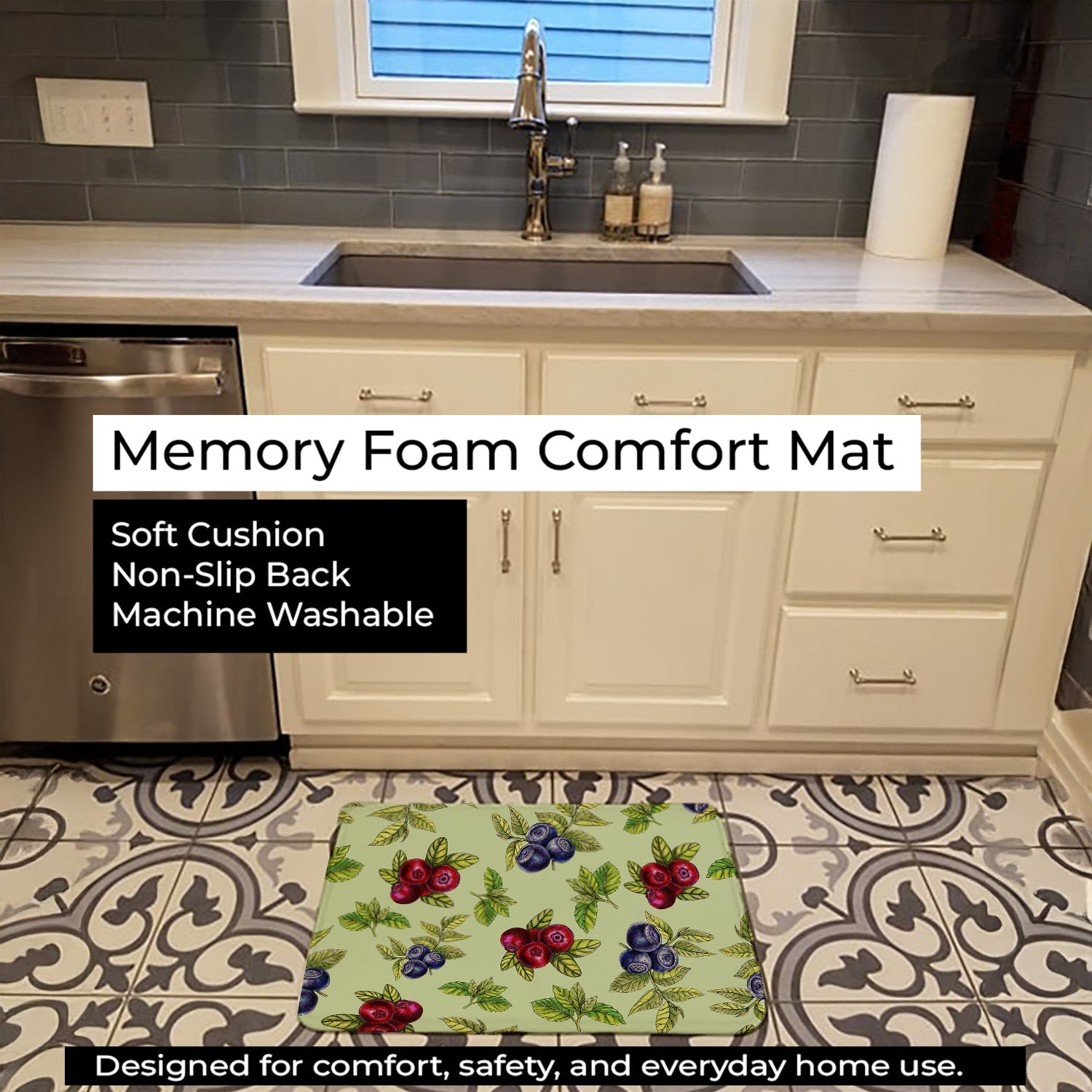 Berries in Green Memory Foam Kitchen Mat Machine Washable Anti-Fatigue Cushion Comfort Bath or Kitchen Rug
