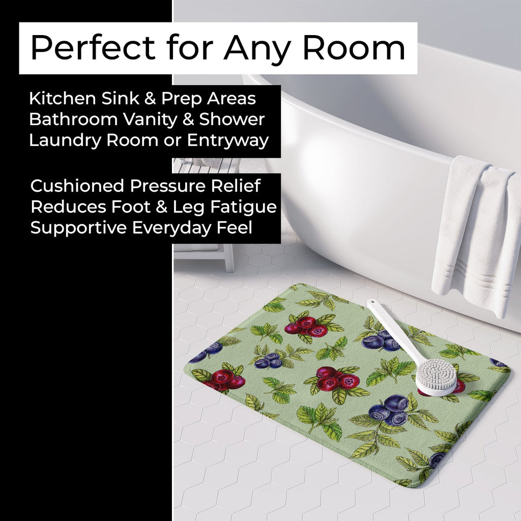 Berries in Green Memory Foam Kitchen Mat Machine Washable Anti-Fatigue Cushion Comfort Bath or Kitchen Rug