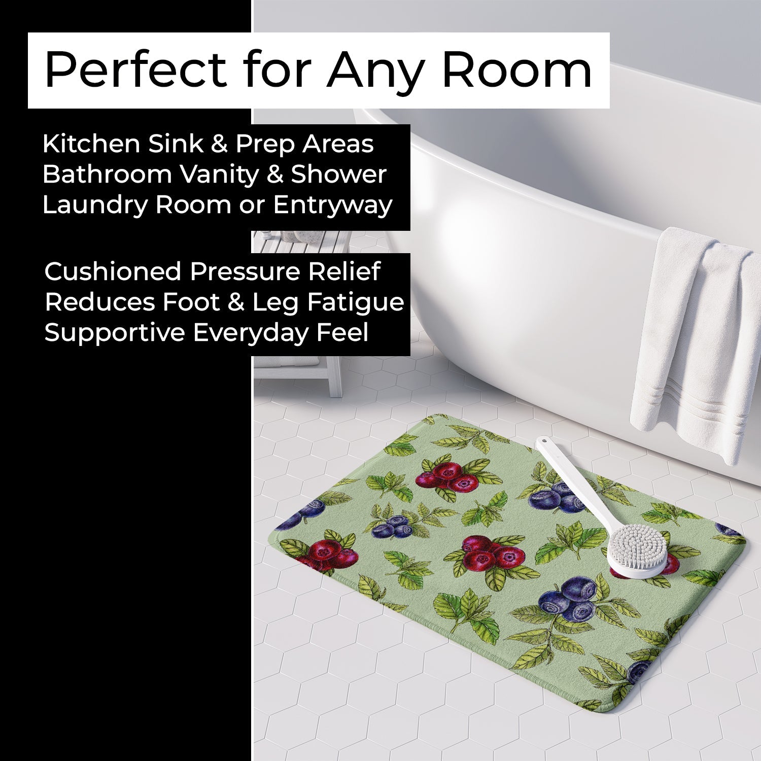 Berries in Green Memory Foam Kitchen Mat Machine Washable Anti-Fatigue Cushion Comfort Bath or Kitchen Rug