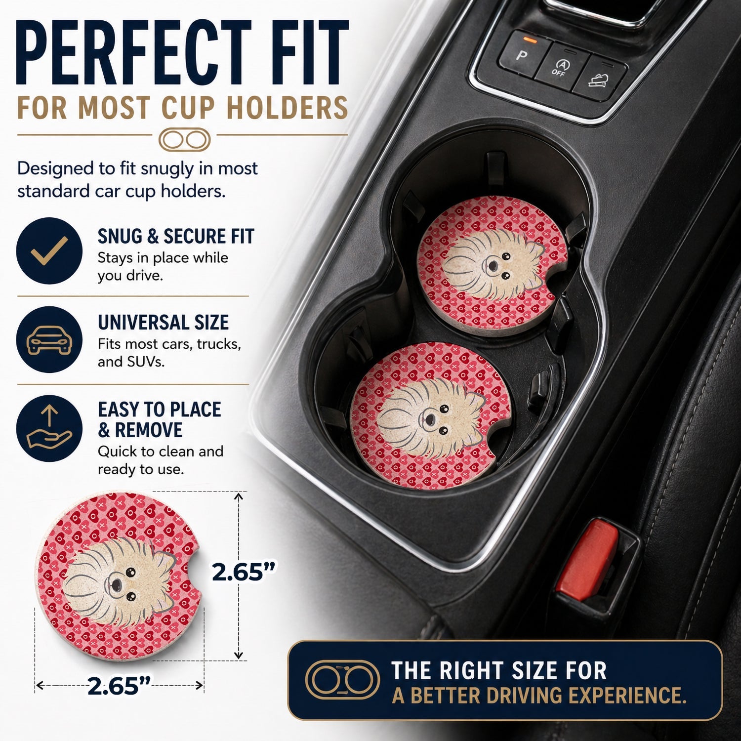 Pomeranian Set of 2 Cup Holder Car Coasters Absorbent Round Sandstone Coasters Gifts for Men or Women, 2.5, Multicolor