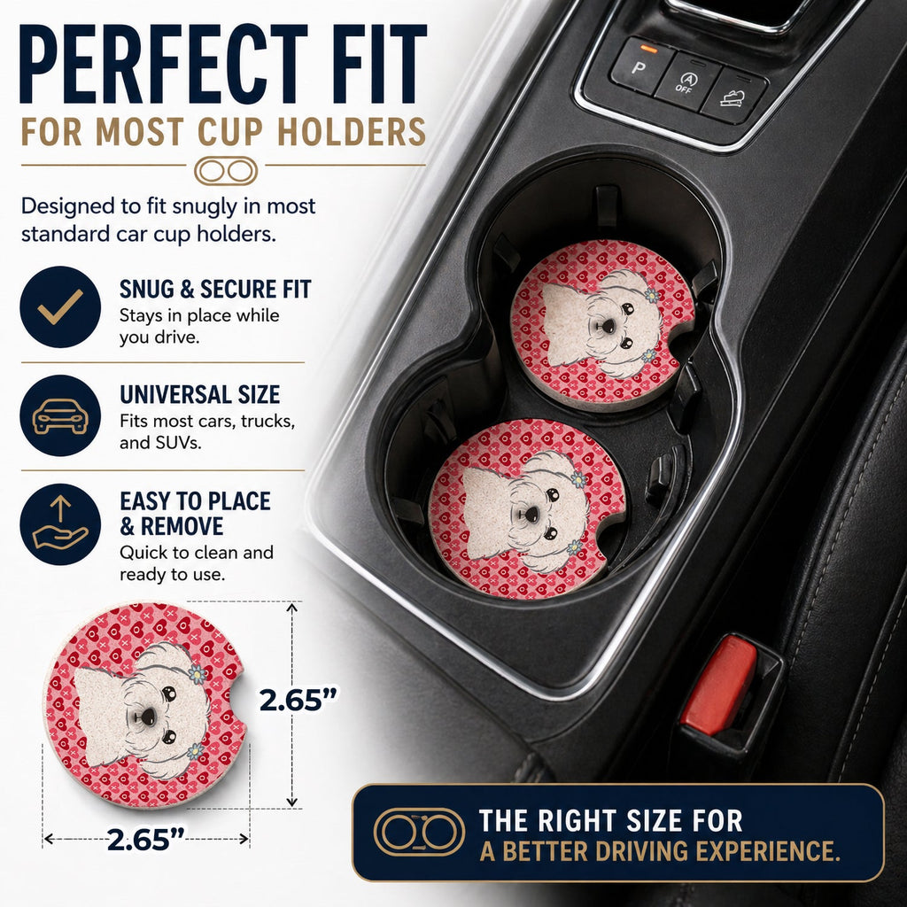 Maltese Set of 2 Cup Holder Car Coasters Absorbent Round Sandstone Coasters Gifts for Men or Women, 2.5, Multicolor