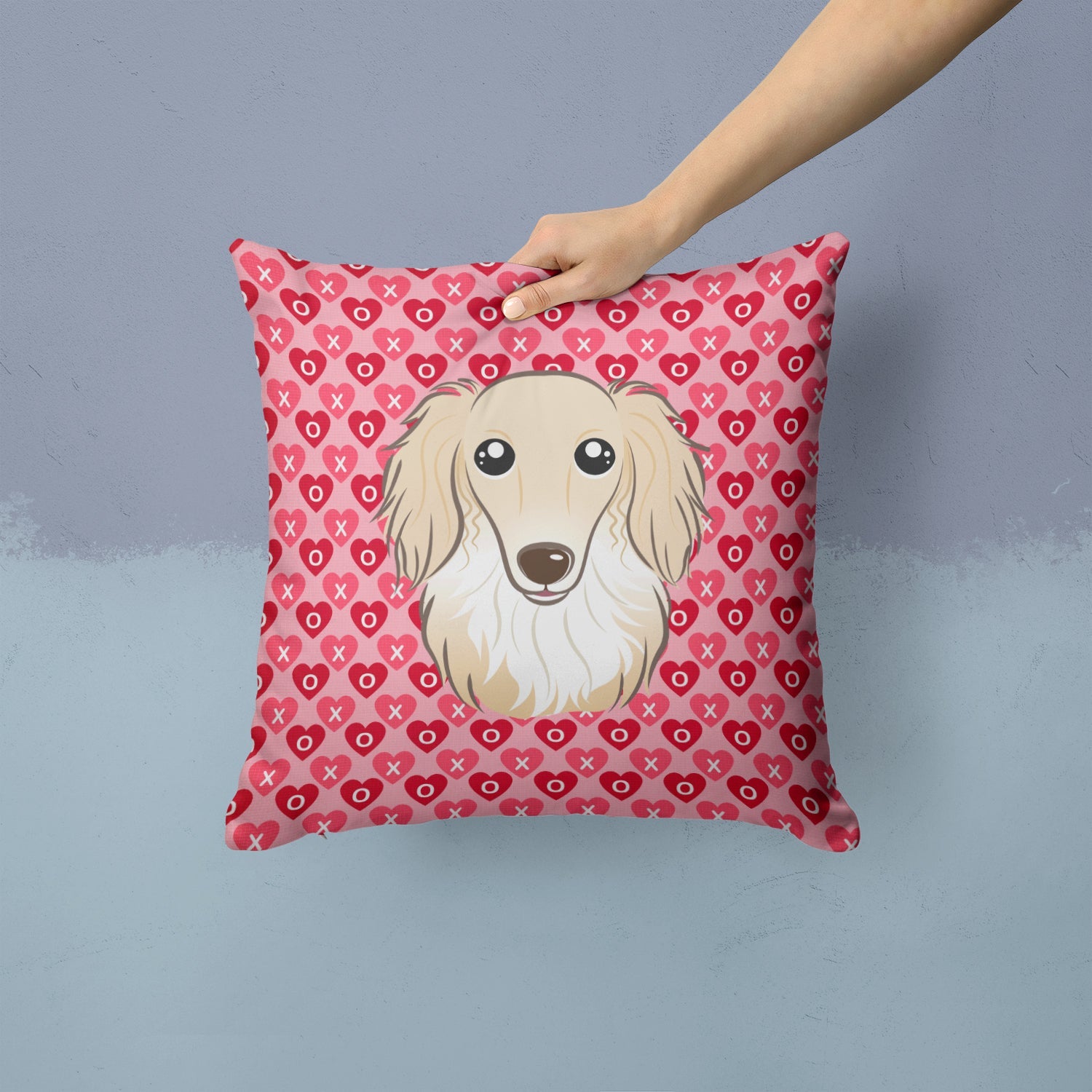 Longhair Creme Dachshund Decorative Throw Pillow 14x14 Indoor Outdoor Accent Cushion, Fabric Cover with Insert for Sofa, Bed, Porch & Living Room