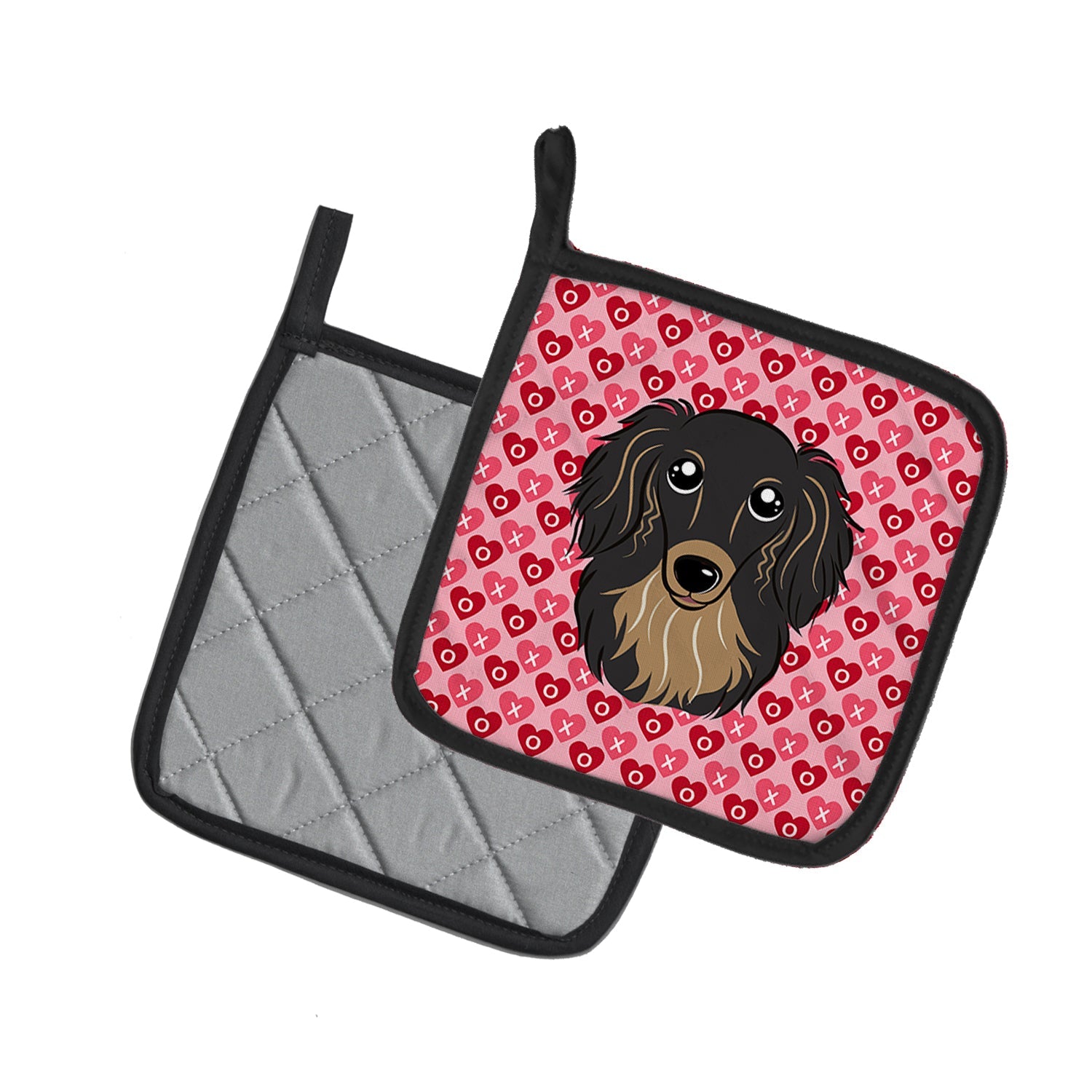 Longhair Black and Tan Dachshund Pot Holder Set of 2 Heat Resistant Quilted Hot Pads 7.5 x 7.5 Inch, Insulated Kitchen Trivets for Cooking & Baking