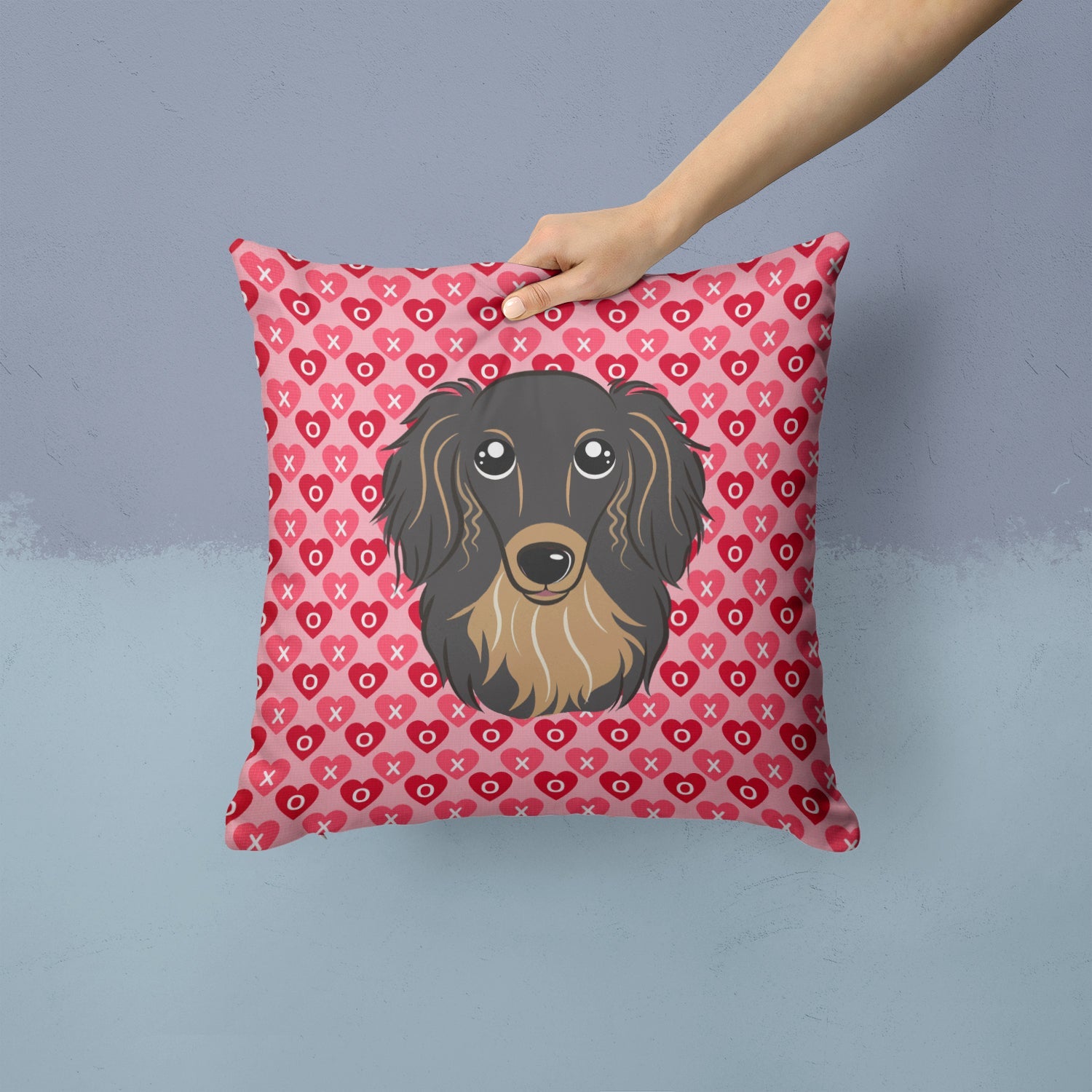 Longhair Black and Tan Dachshund Decorative Throw Pillow 14x14 Indoor Outdoor Accent Cushion, Fabric Cover with Insert for Sofa, Bed, Porch & Living Room