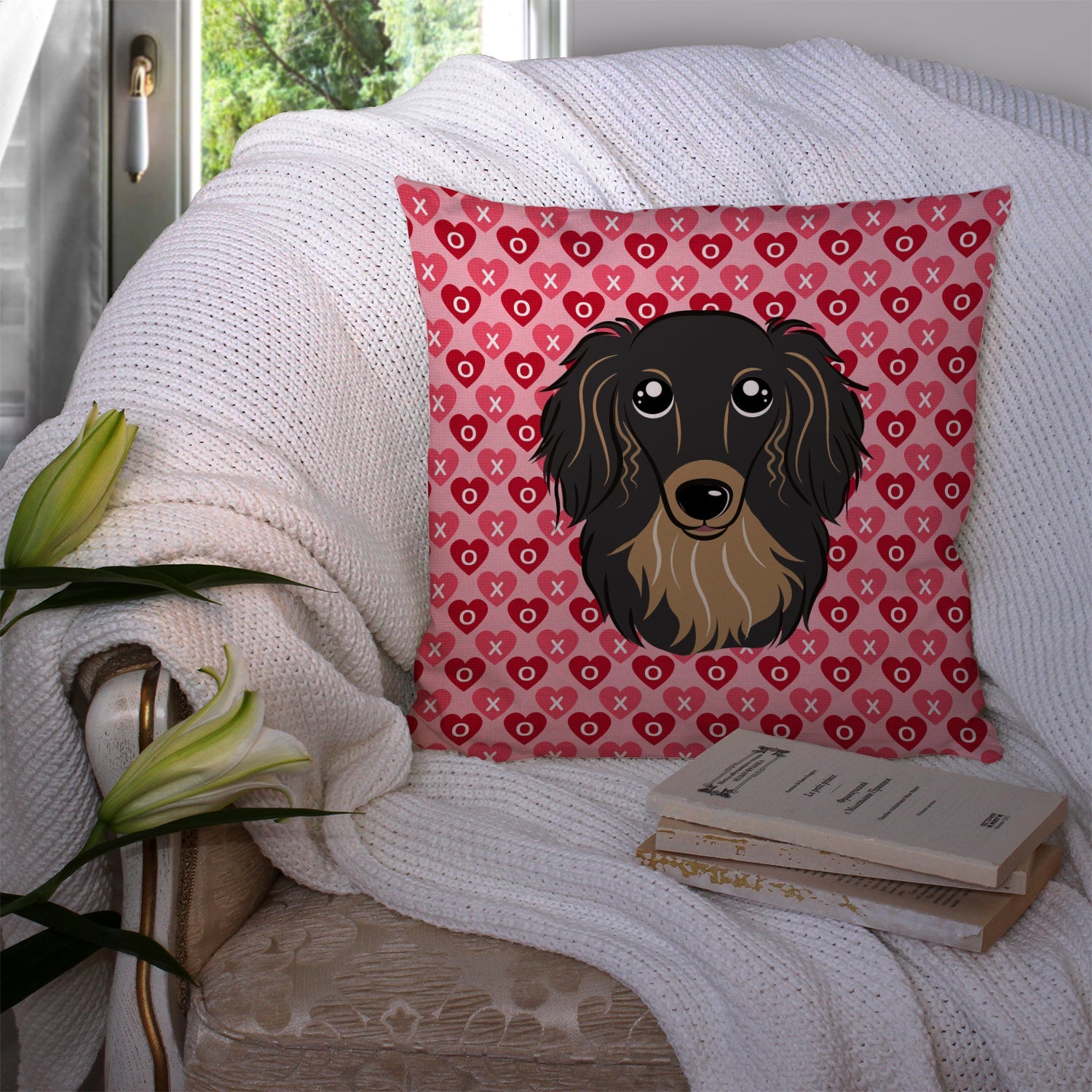 Longhair Black and Tan Dachshund Decorative Throw Pillow 14x14 Indoor Outdoor Accent Cushion, Fabric Cover with Insert for Sofa, Bed, Porch & Living Room