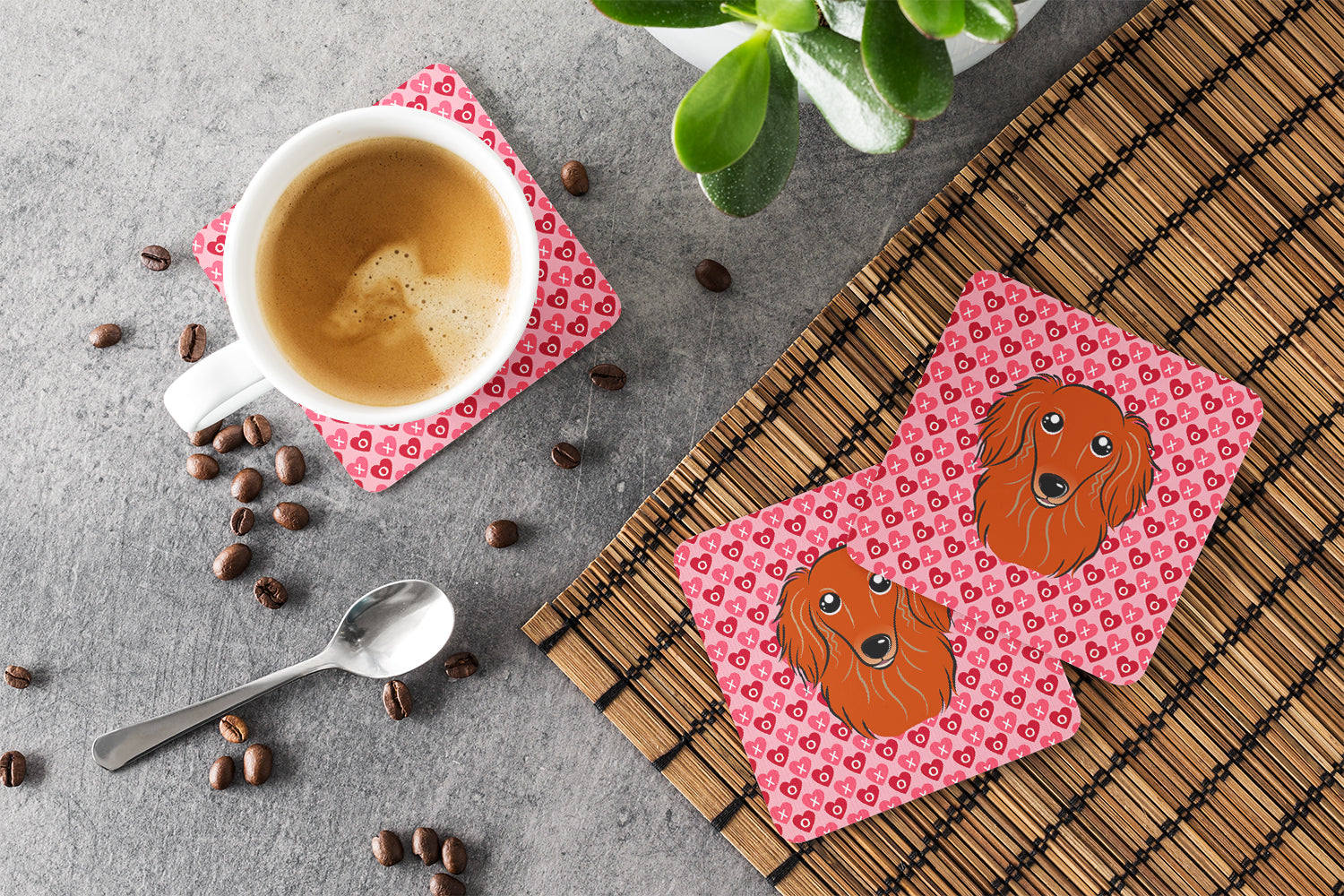 Longhair Red Dachshund Foam Coasters Set of 4 Cup Coasters for Indoor Outdoor, Tabletop Protection, Anti Slip, Mouse pad Material