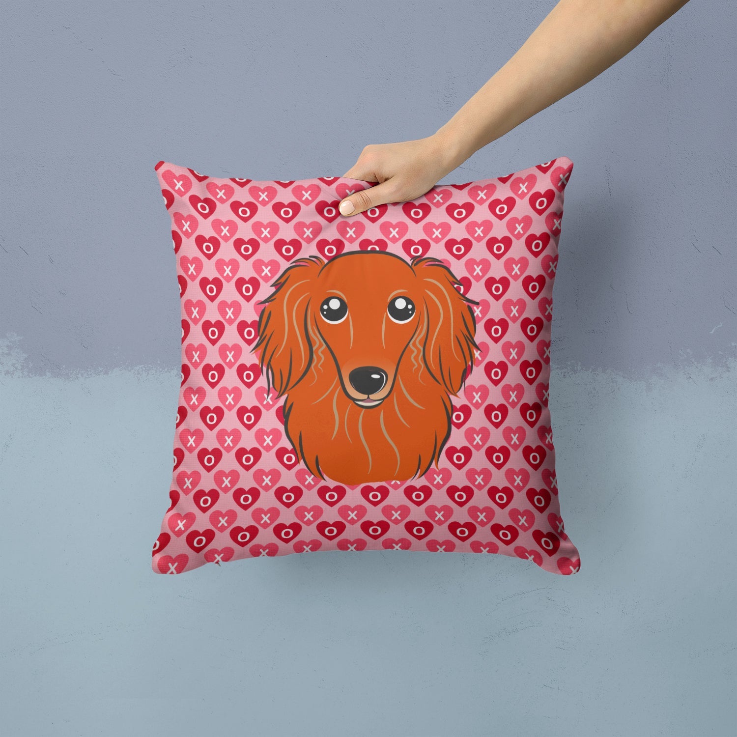 Longhair Red Dachshund Decorative Throw Pillow 14x14 Indoor Outdoor Accent Cushion, Fabric Cover with Insert for Sofa, Bed, Porch & Living Room