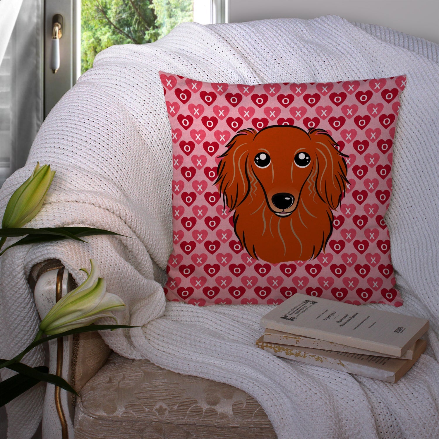 Longhair Red Dachshund Decorative Throw Pillow 14x14 Indoor Outdoor Accent Cushion, Fabric Cover with Insert for Sofa, Bed, Porch & Living Room