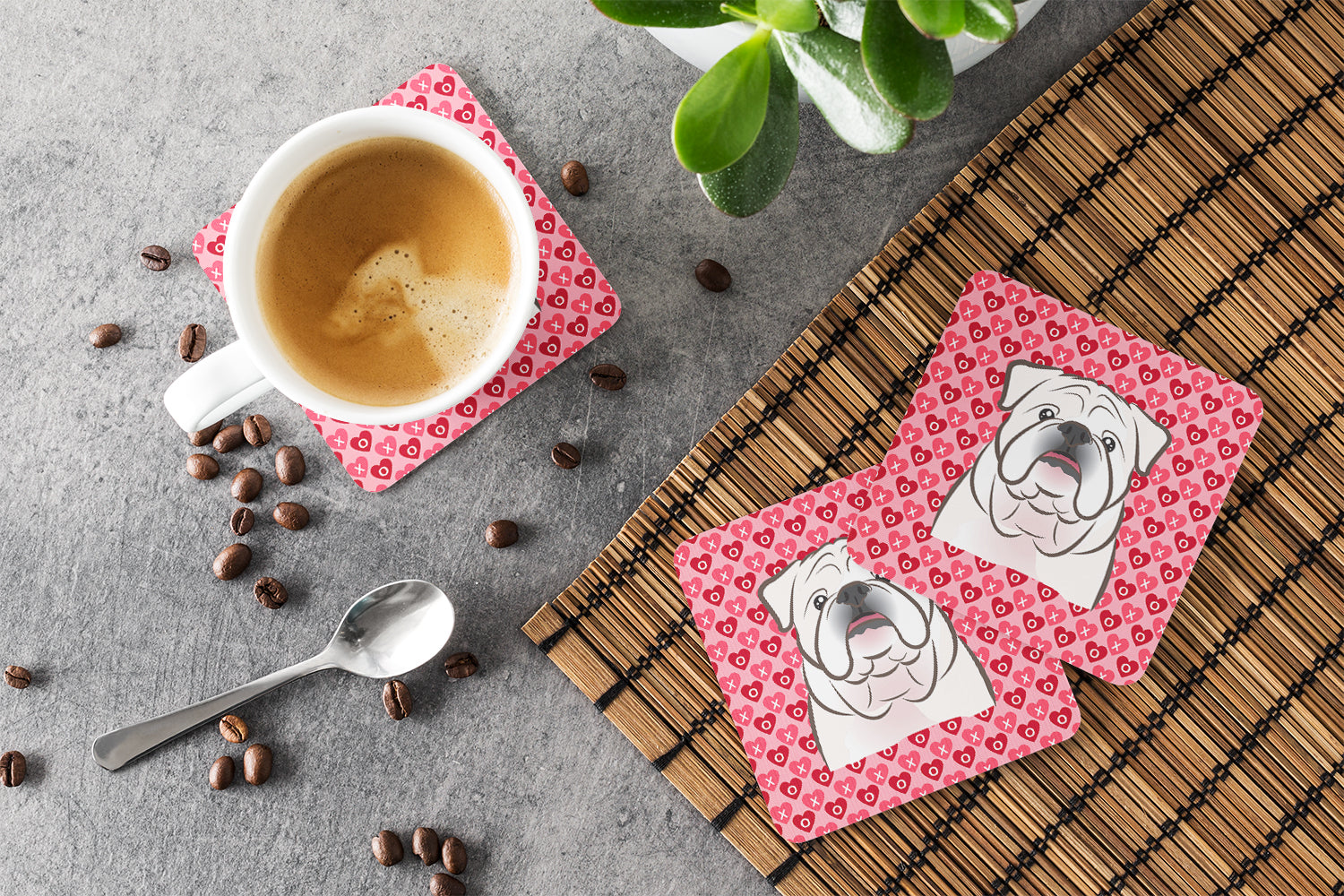 White English Bulldog  Foam Coasters Set of 4 Cup Coasters for Indoor Outdoor, Tabletop Protection, Anti Slip, Mouse pad Material