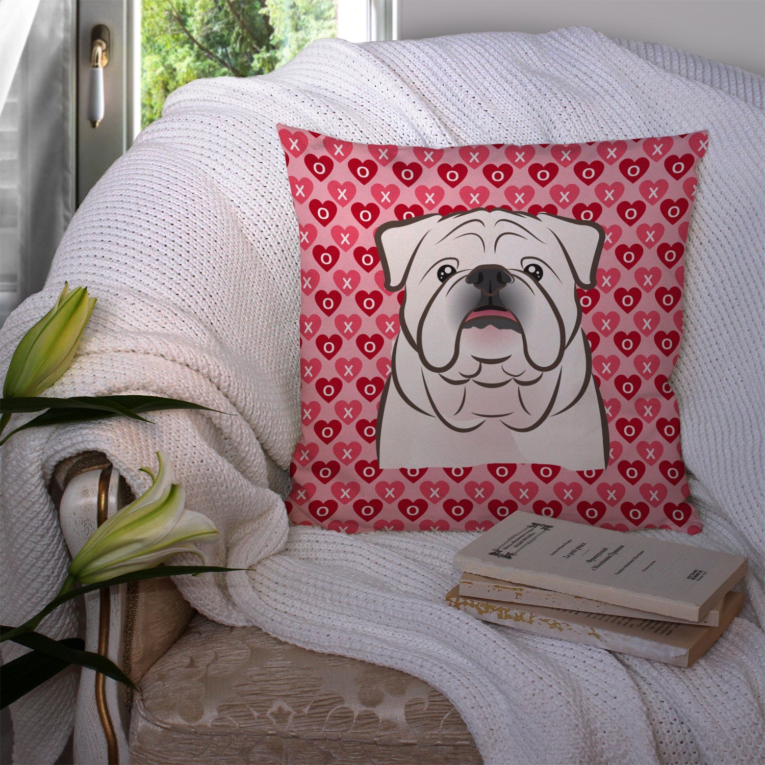 White English Bulldog  Decorative Throw Pillow 14x14 Indoor Outdoor Accent Cushion, Fabric Cover with Insert for Sofa, Bed, Porch & Living Room
