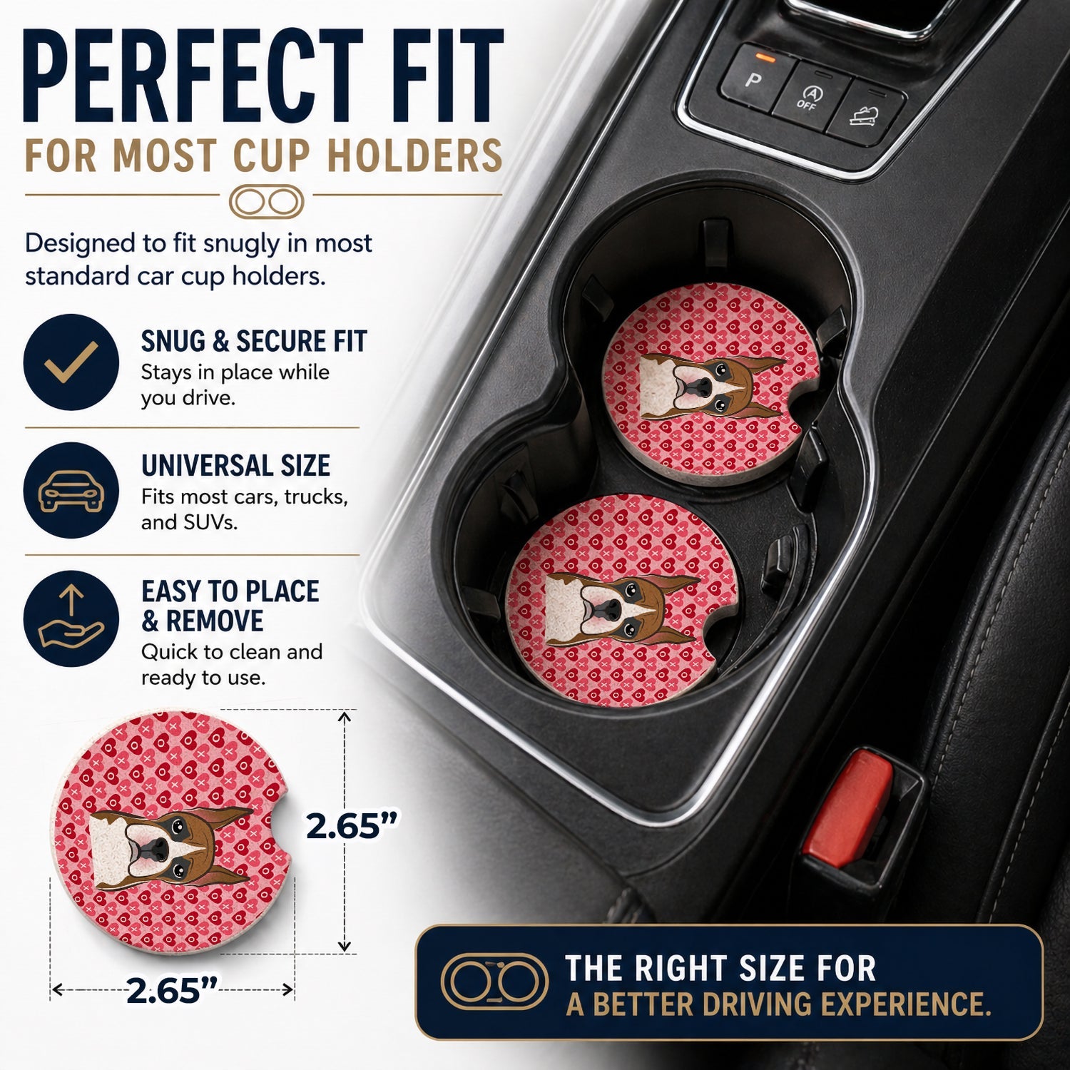 Boxer Set of 2 Cup Holder Car Coasters Absorbent Round Sandstone Coasters Gifts for Men or Women, 2.5, Multicolor