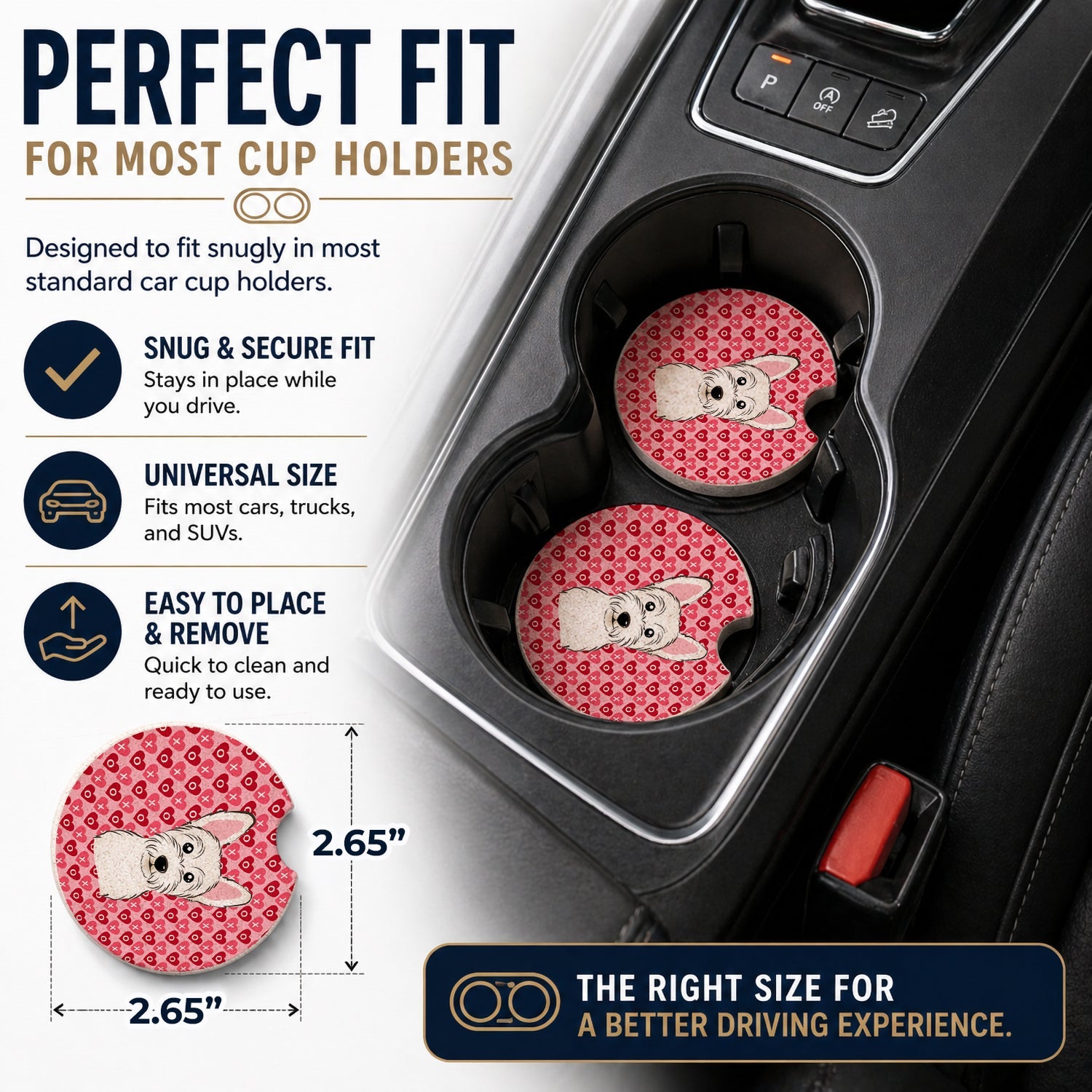 Westie Set of 2 Cup Holder Car Coasters Absorbent Round Sandstone Coasters Gifts for Men or Women, 2.5, Multicolor