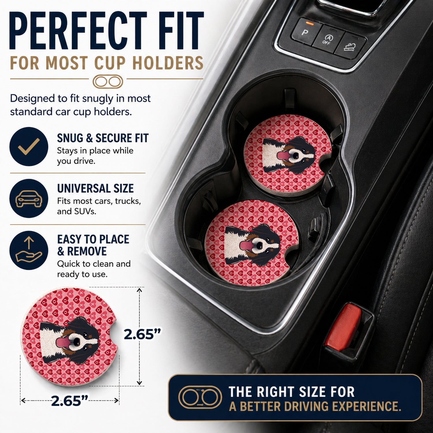 Bernese Mountain Dog Set of 2 Cup Holder Car Coasters Absorbent Round Sandstone Coasters Gifts for Men or Women, 2.5, Multicolor