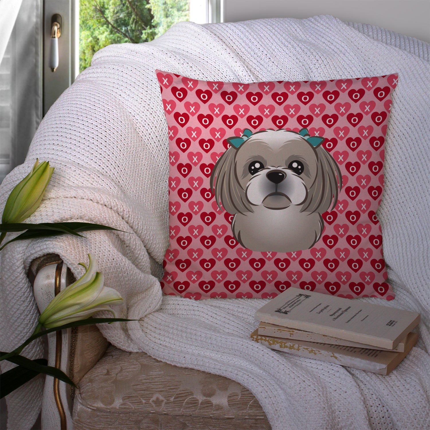 Gray Silver Shih Tzu Decorative Throw Pillow 14x14 Indoor Outdoor Accent Cushion, Fabric Cover with Insert for Sofa, Bed, Porch & Living Room