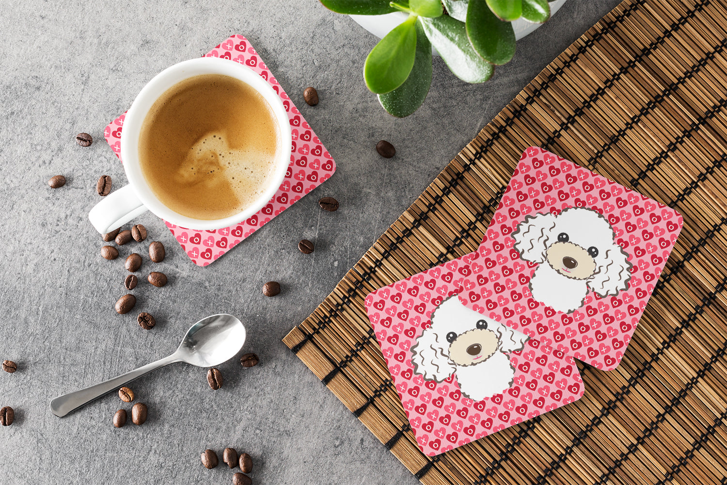 White Poodle Foam Coasters Set of 4 Cup Coasters for Indoor Outdoor, Tabletop Protection, Anti Slip, Mouse pad Material