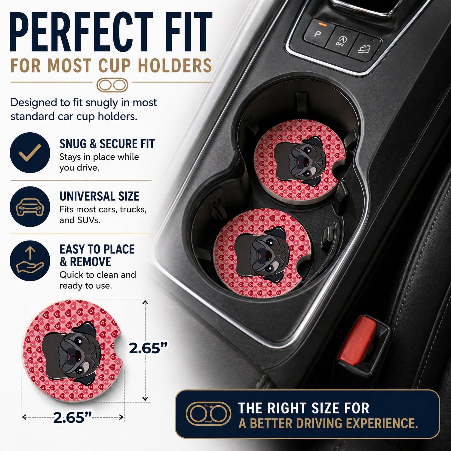 Black Pug Set of 2 Cup Holder Car Coasters Absorbent Round Sandstone Coasters Gifts for Men or Women, 2.5, Multicolor