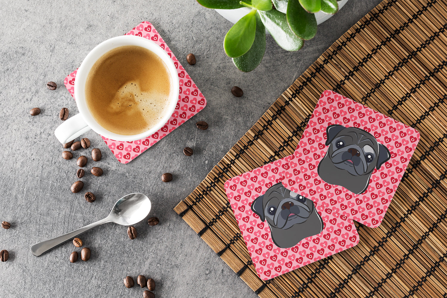 Black Pug Foam Coasters Set of 4 Cup Coasters for Indoor Outdoor, Tabletop Protection, Anti Slip, Mouse pad Material