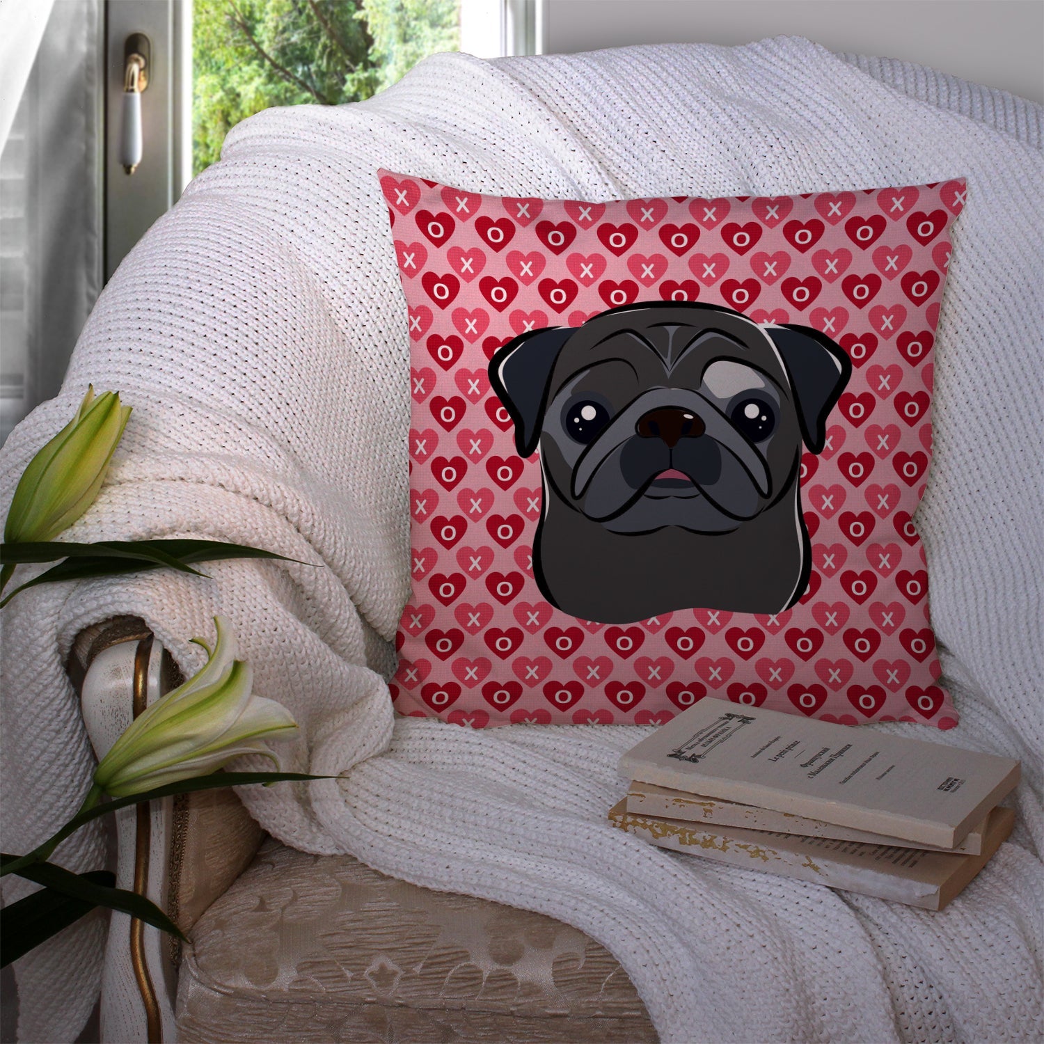 Black Pug Decorative Throw Pillow 14x14 Indoor Outdoor Accent Cushion, Fabric Cover with Insert for Sofa, Bed, Porch & Living Room