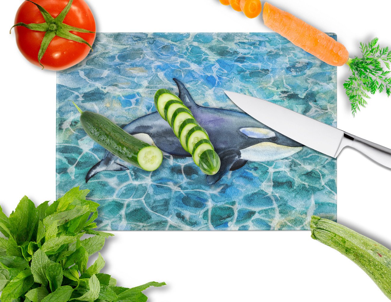 Killer Whale Orca Cutting Board Tempered Glass Kitchen Cutting Surface, Heat Resistant Chopping, Non-Slip Feet, Food Prep & Serving