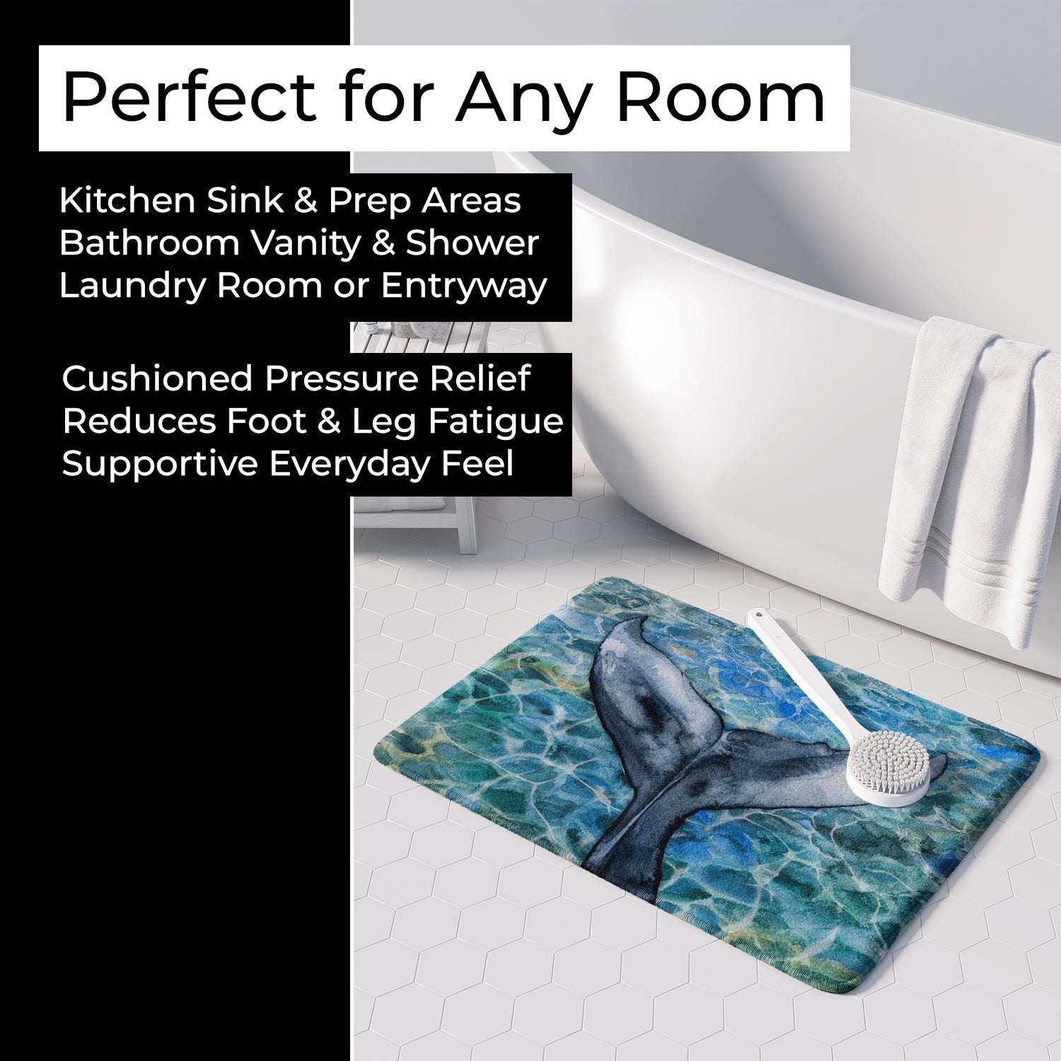 Whale Tail Memory Foam Kitchen Mat Machine Washable Anti-Fatigue Cushion Comfort Bath or Kitchen Rug