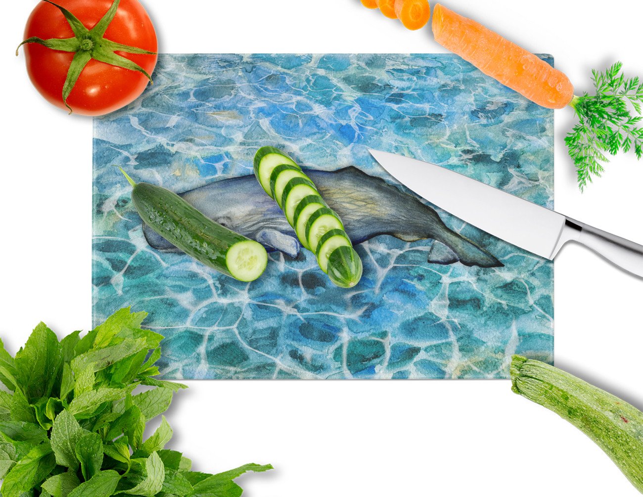 Sperm Whale Cachalot Cutting Board Tempered Glass Kitchen Cutting Surface, Heat Resistant Chopping, Non-Slip Feet, Food Prep & Serving