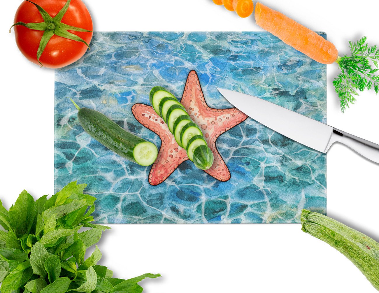 Starfish Cutting Board Tempered Glass Kitchen Cutting Surface, Heat Resistant Chopping, Non-Slip Feet, Food Prep & Serving