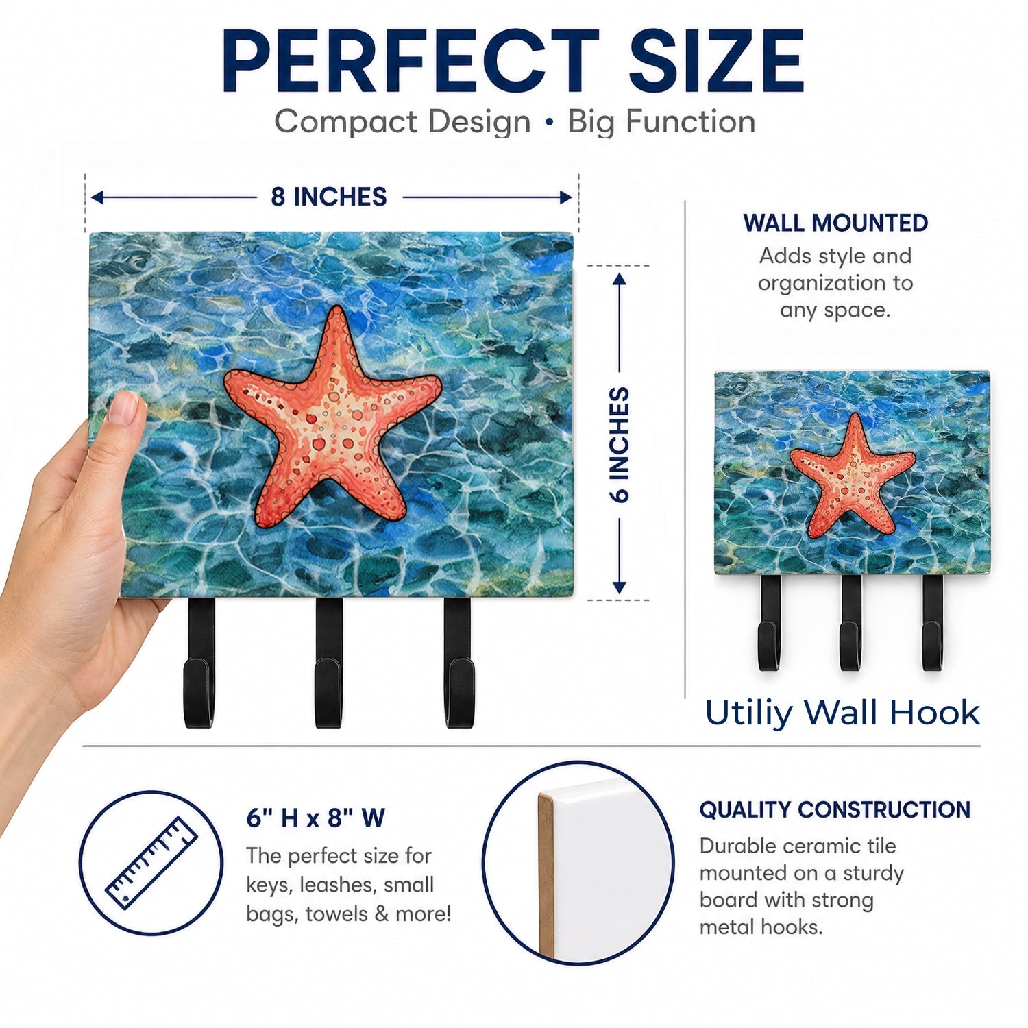 Starfish Leash or Key Holder Wall Hooks, Coat Rack Wall Mount, for Hanging Keys, Towels, Aprons, Leashes