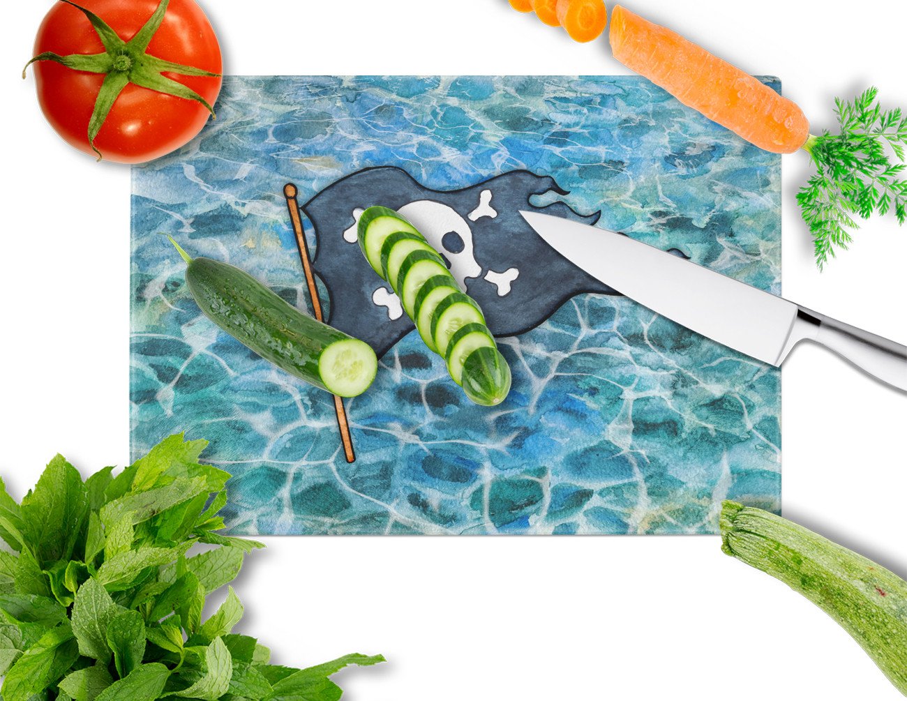 Pirate Flag Cutting Board Tempered Glass Kitchen Cutting Surface, Heat Resistant Chopping, Non-Slip Feet, Food Prep & Serving