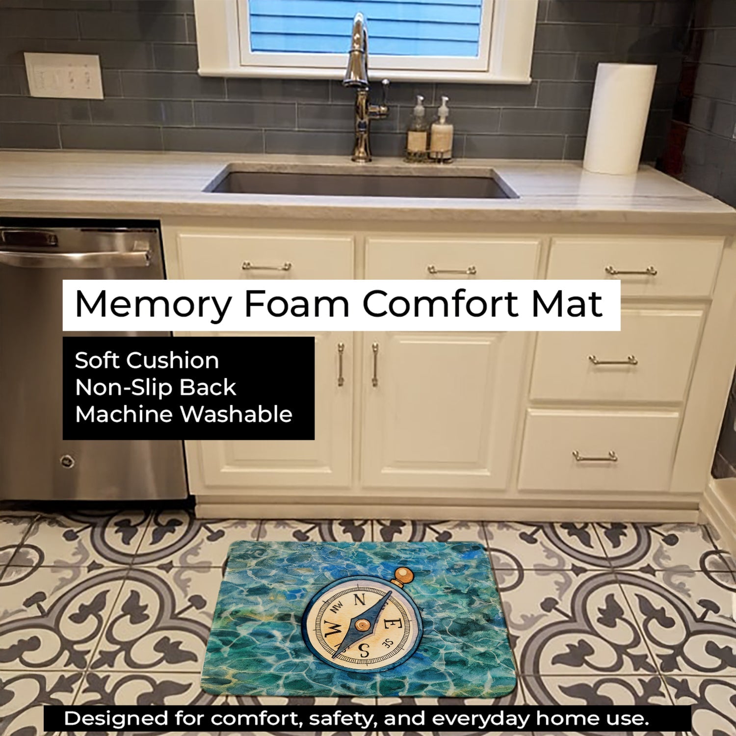 Compass Memory Foam Kitchen Mat Machine Washable Anti-Fatigue Cushion Comfort Bath or Kitchen Rug