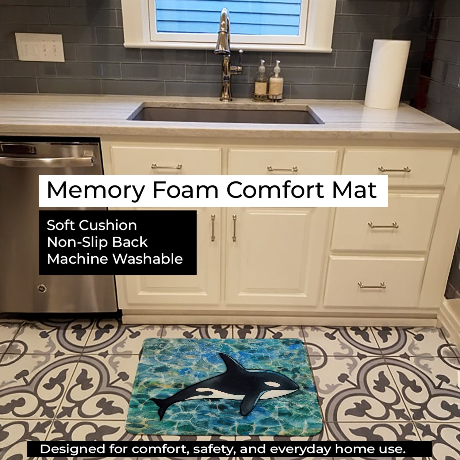 Killer Whale Orca Memory Foam Kitchen Mat Machine Washable Anti-Fatigue Cushion Comfort Bath or Kitchen Rug