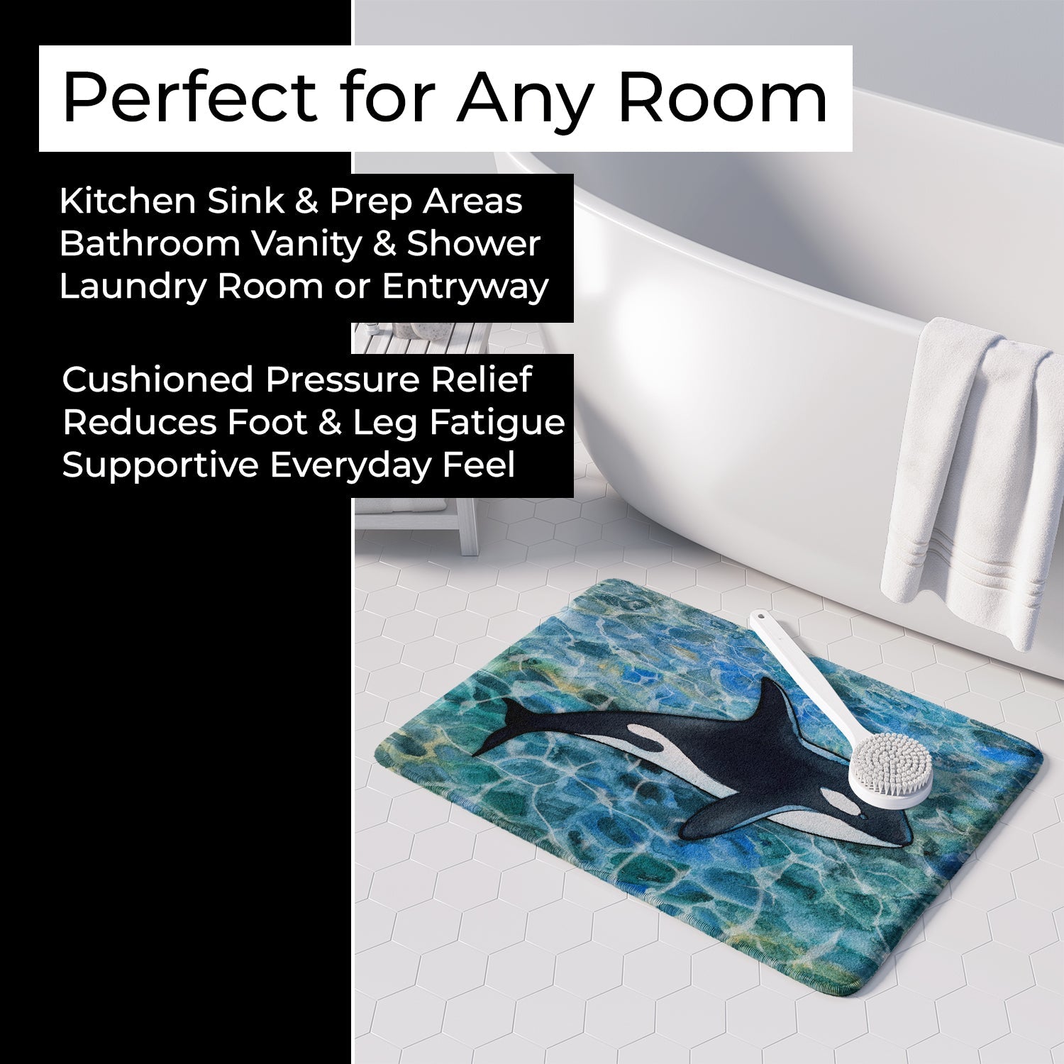 Killer Whale Orca Memory Foam Kitchen Mat Machine Washable Anti-Fatigue Cushion Comfort Bath or Kitchen Rug