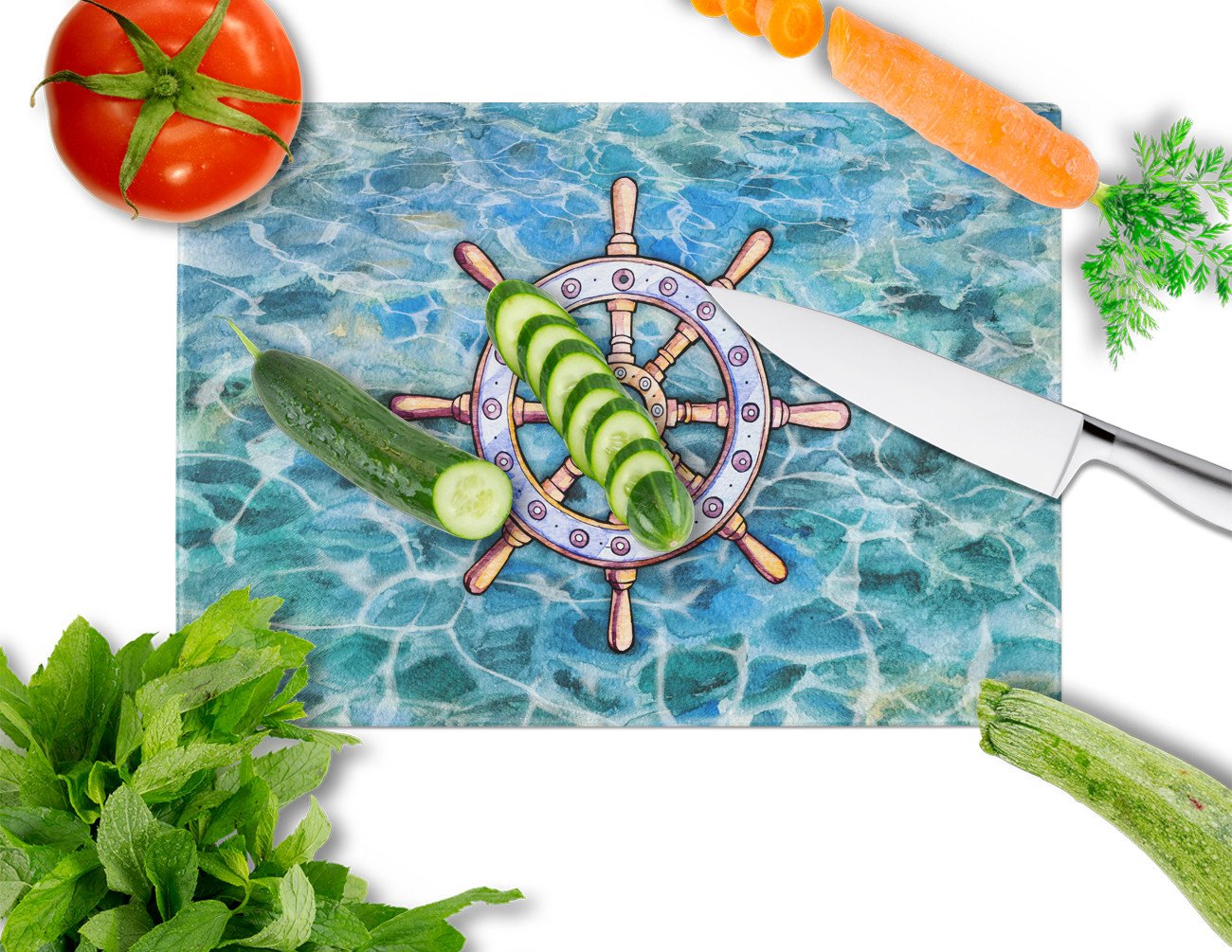 Steering Wheel Helm Cutting Board Tempered Glass Kitchen Cutting Surface, Heat Resistant Chopping, Non-Slip Feet, Food Prep & Serving