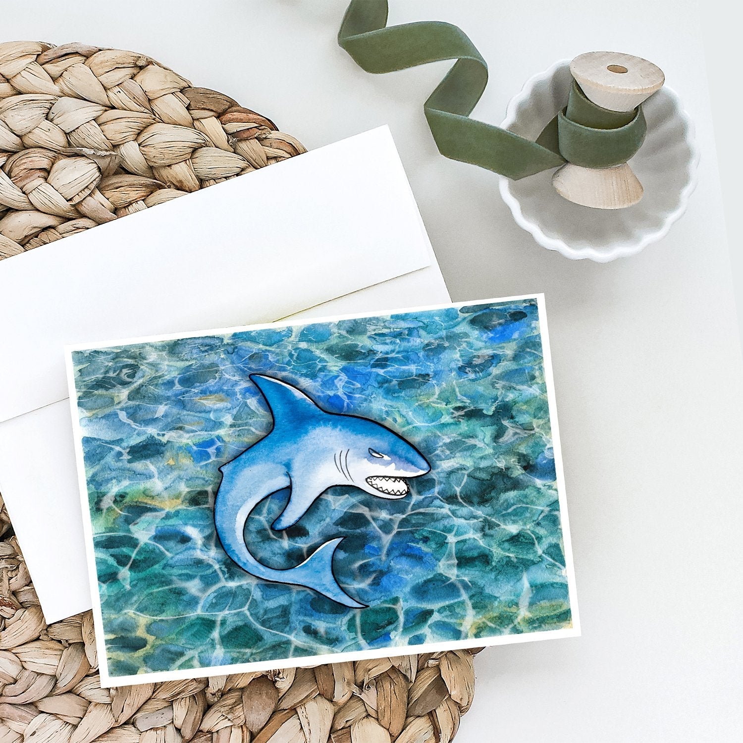 Shark Greeting Cards Pack of 8 Blank Cards with Envelopes Whimsical A7 Size 5x7